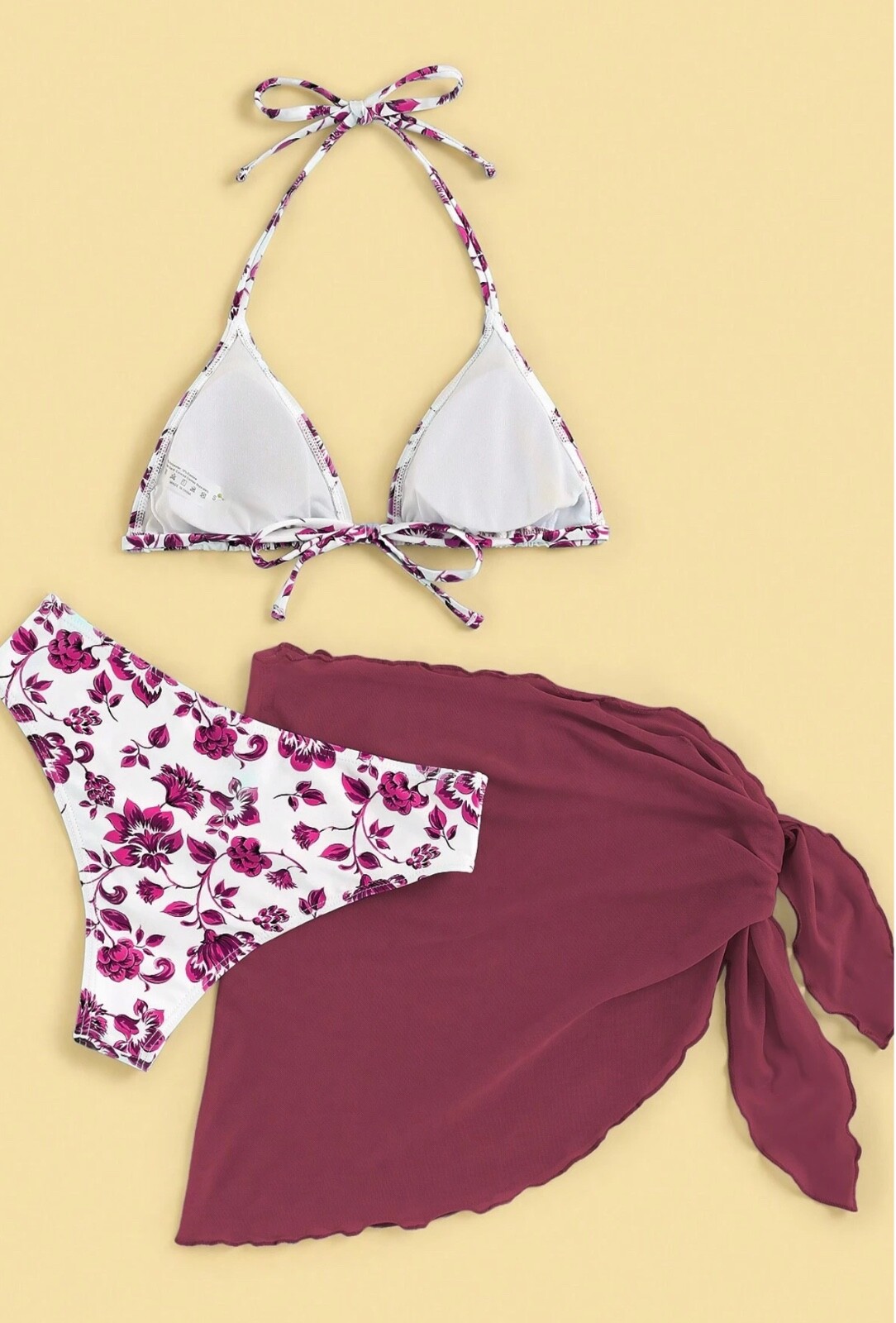 SHEIN 3 PIECE BIKINI SET W/ SKIRT – SIZE S – FLORAL BURGUNDY MULTI PRINT SWIM