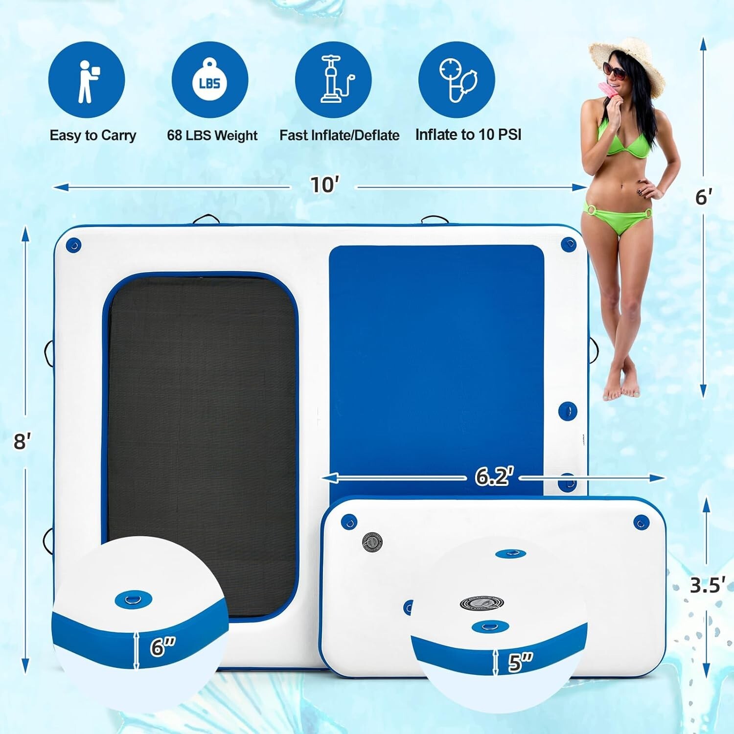 10’x8′ Inflatable Dock: Electric Pump for 1-Min Inflate/Deflate, 10-Person Fit