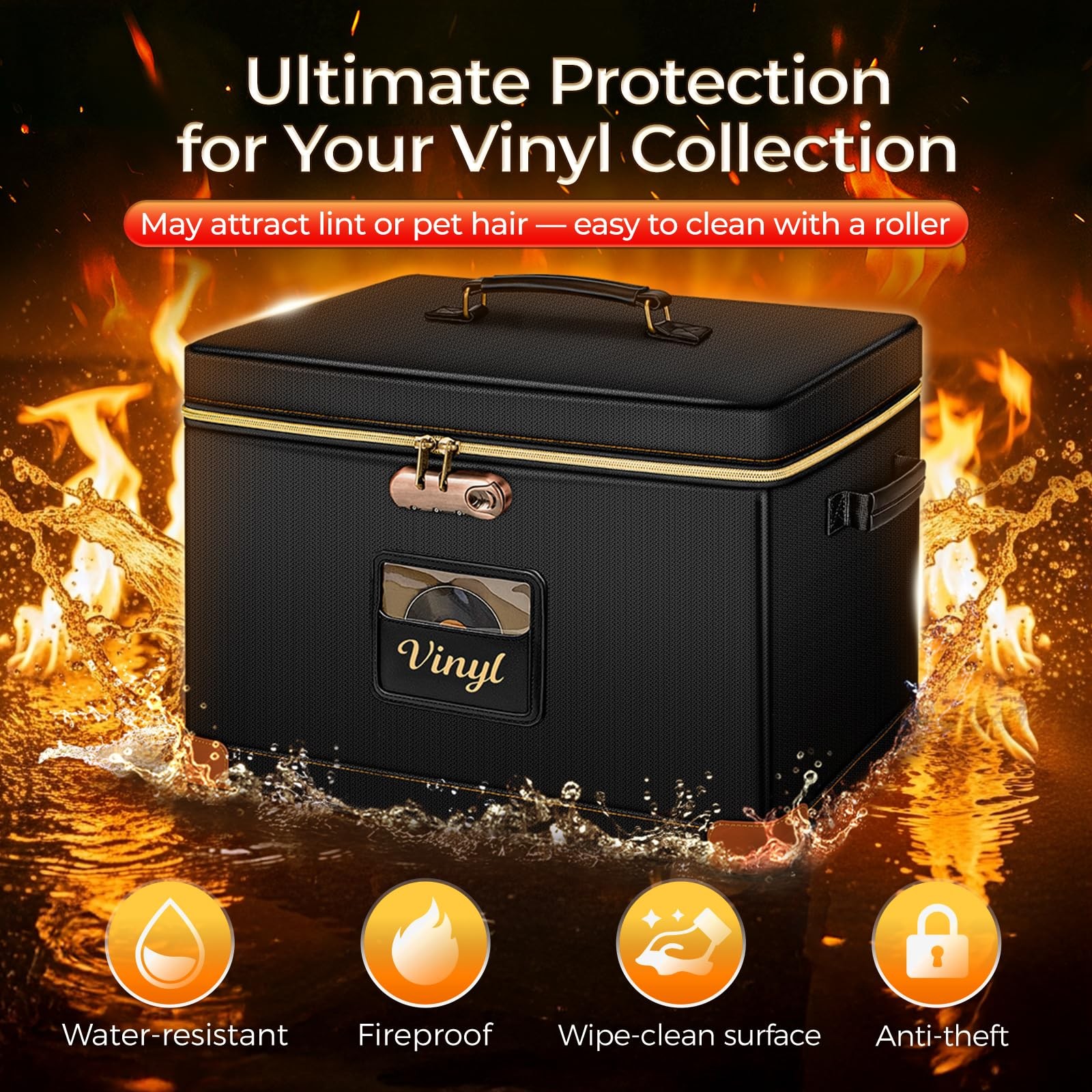 DEEGO Vinyl Record Storage Box with Lock, 17 x 13 x 13 inches, BLACK