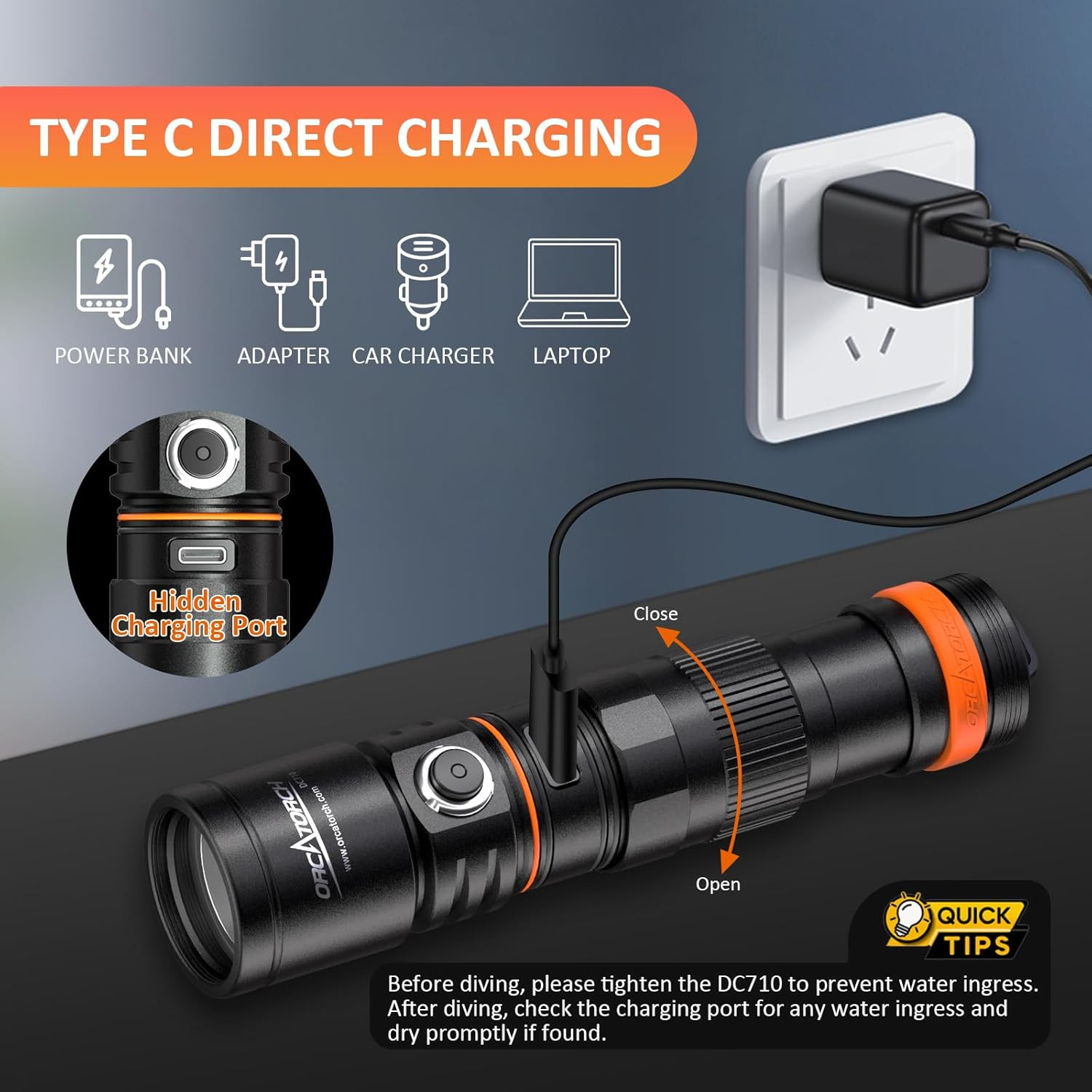 ORCATORCH DC710 Scuba Dive Light Type C Rechargeable, 3000 Lumens Super Bright U