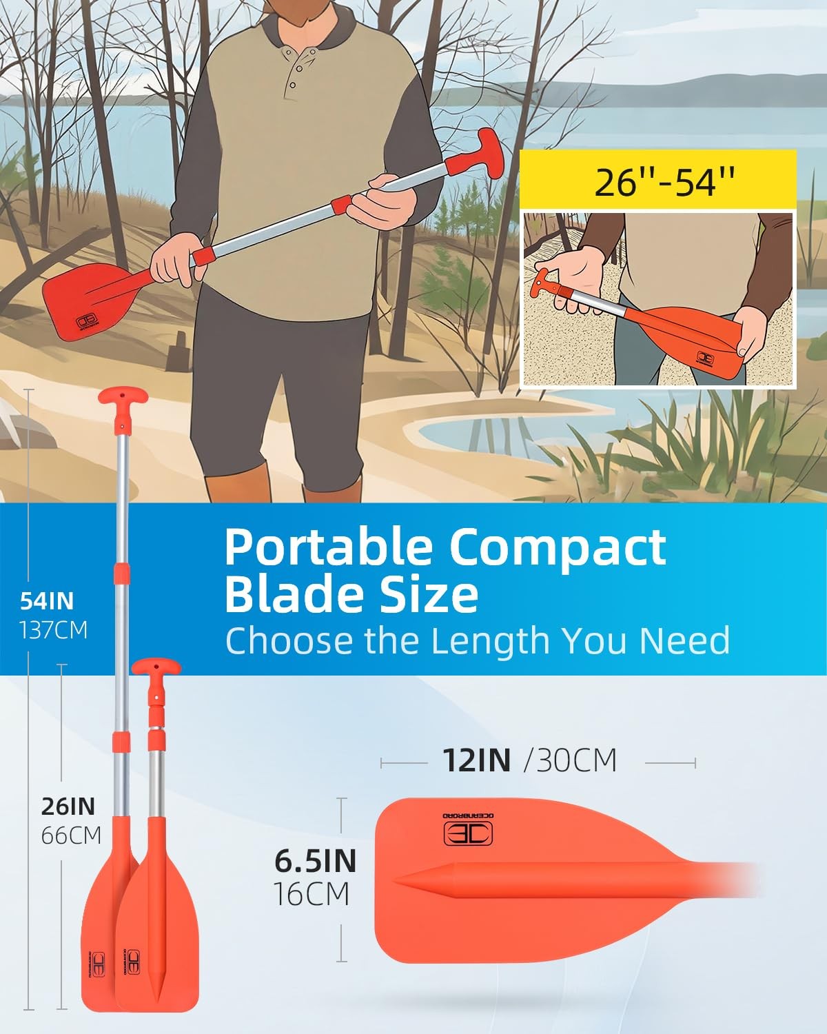 OCEANBROAD Telescoping Emergency Paddle 21”-42”(1-pack), Orange