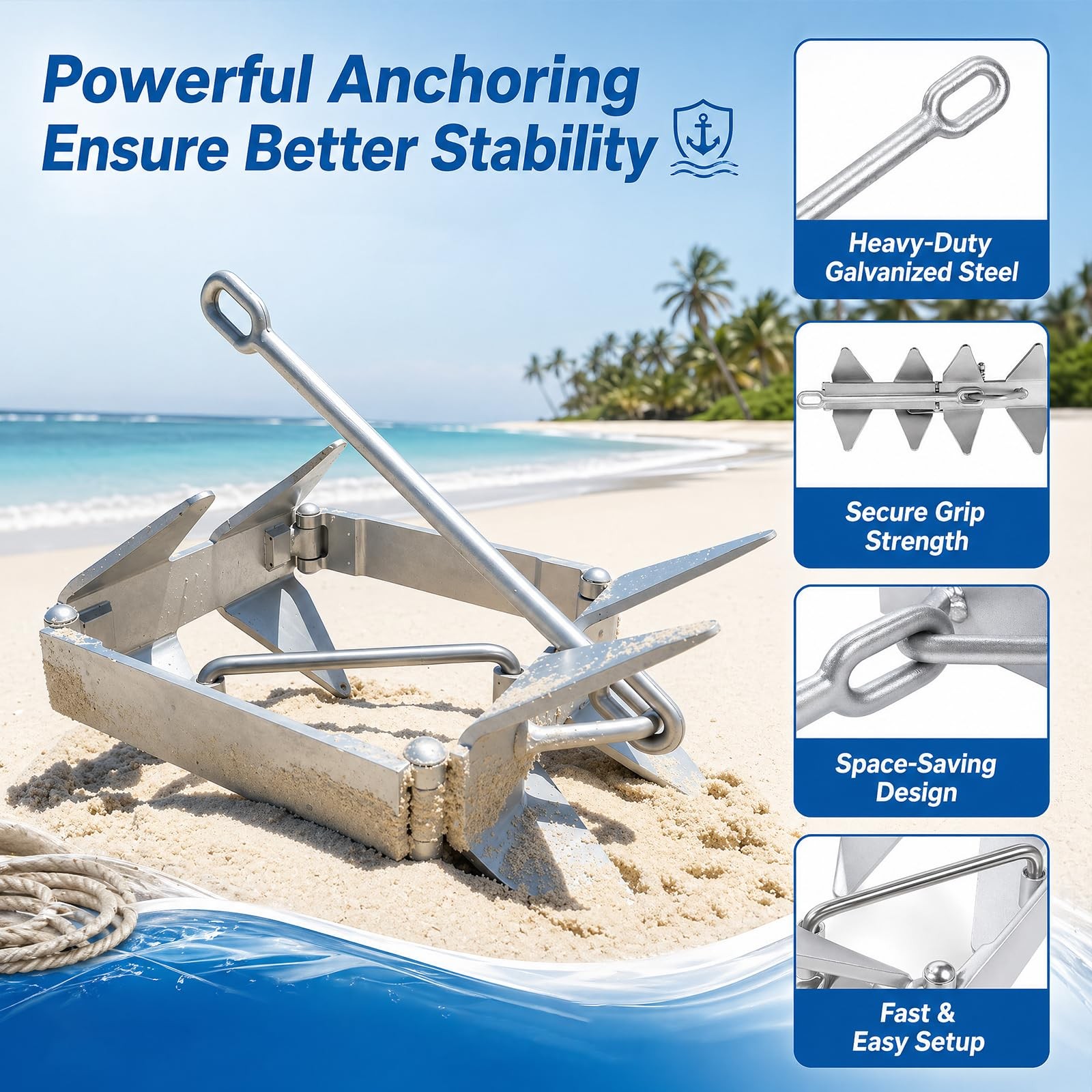 4 Pcs 13lb Galvanized Steel Cube Boat Anchor Kit with Anchor Chain, Rope and …