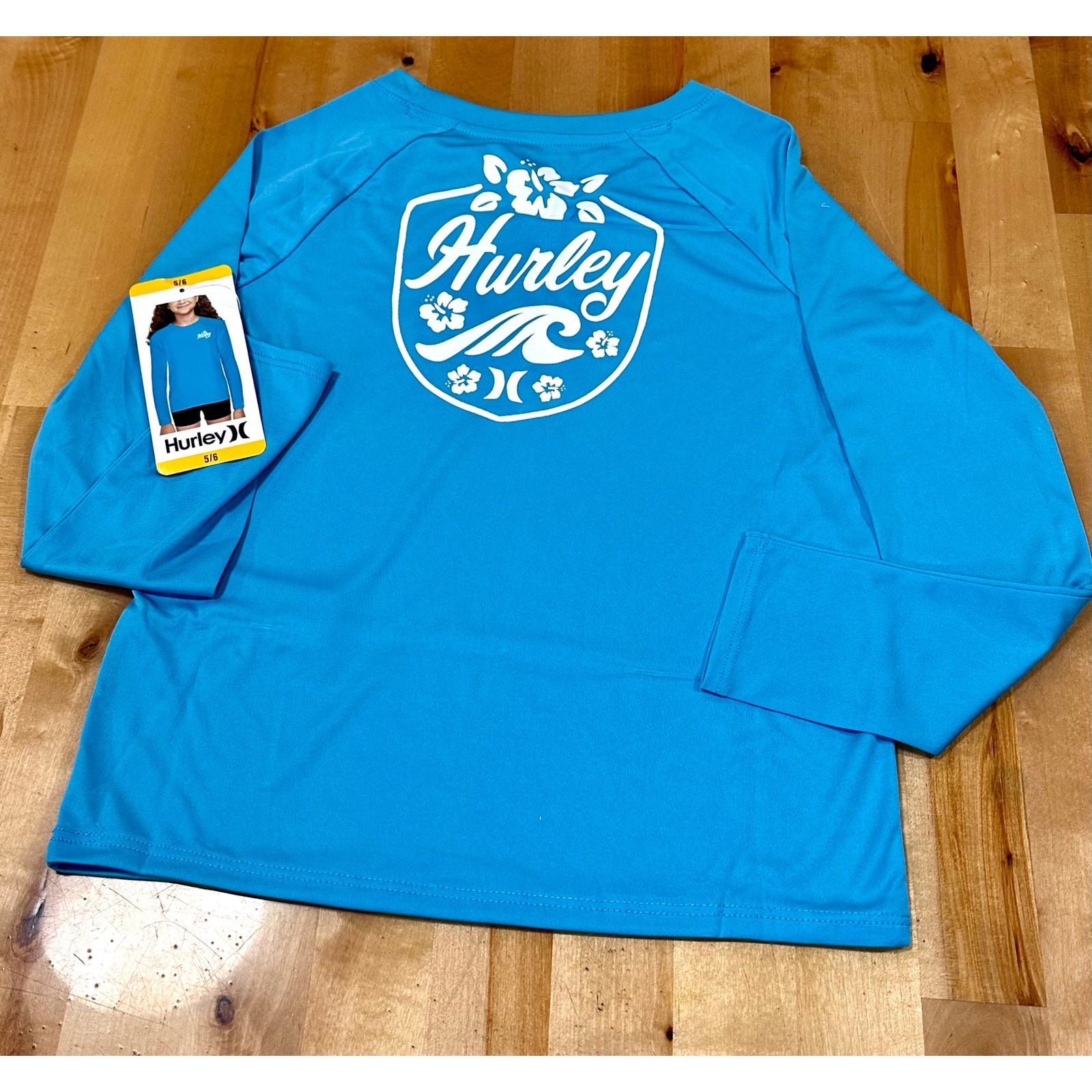 Hurley Swim Top Youth 5/6 Turquoise New UPF 50+ Long Sleeve Rash Guard