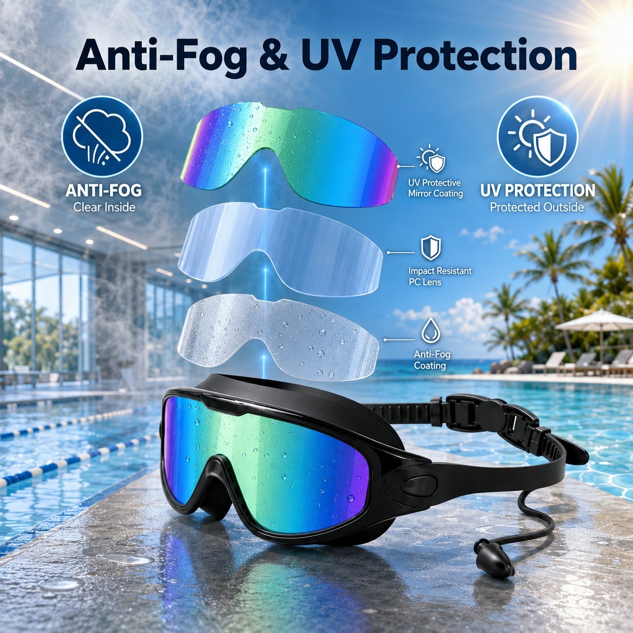2 Pack Adult Swim Goggles No Leak Anti Fog Wide View UV Protection Men Women