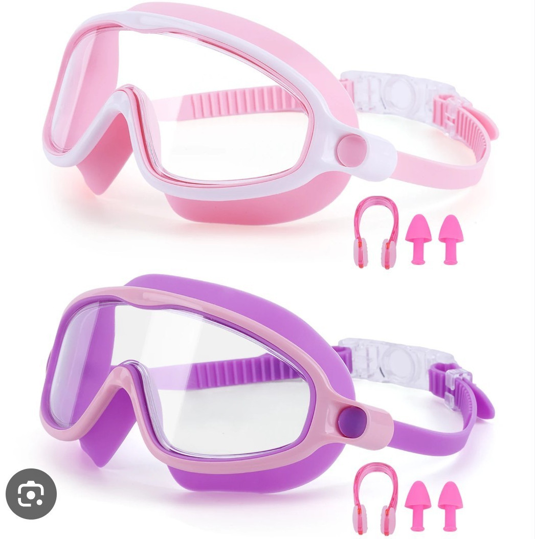 Kids 2 Pair Swim Goggles Set Pink & Purple w/ Ear Plugs and Nose Clip