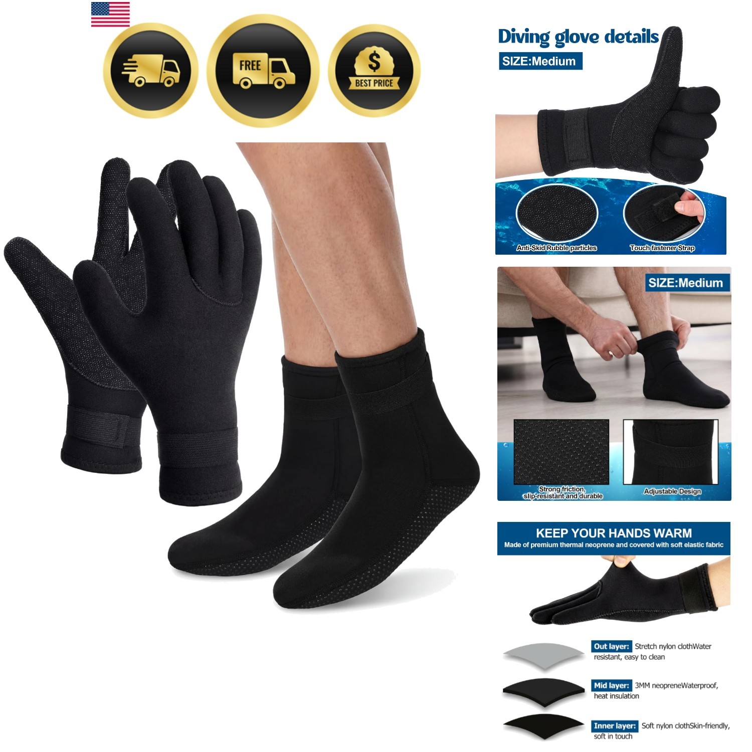 3mm Neoprene Gloves and Socks Diving Wetsuit Waterproof Thermal Gloves and So…