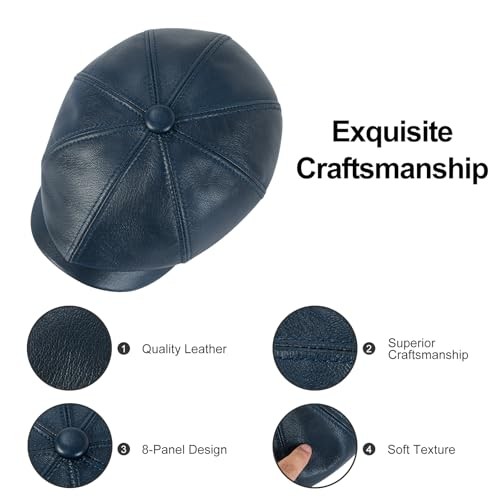 Men Women Genuine Newsboy Leather Cap 8 Panel Gatsby Ivy Hat 7 1/4 Navy