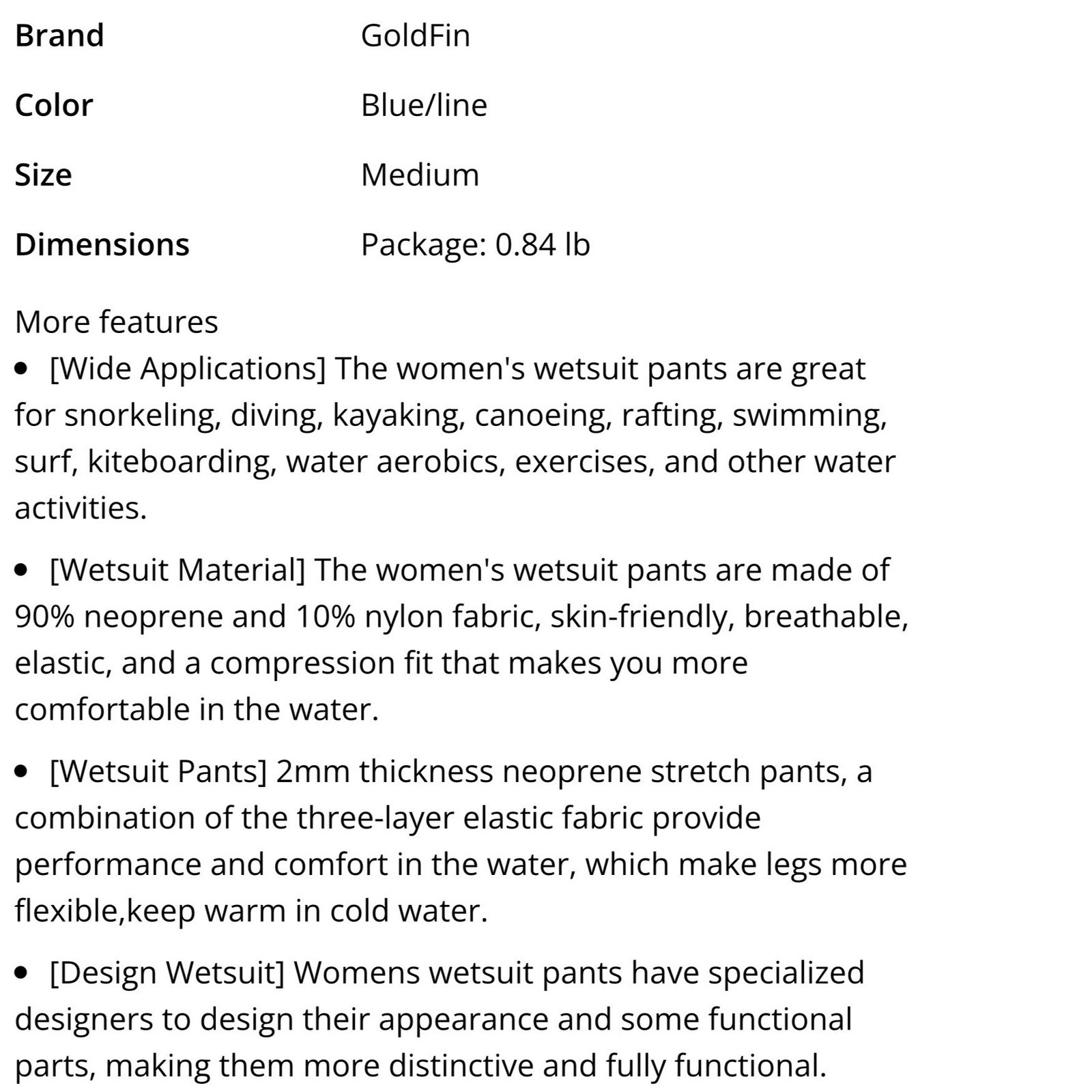 GoldFin Wetsuit Pants Womens Medium Black Excellent 2mm Neoprene Leggings Blue