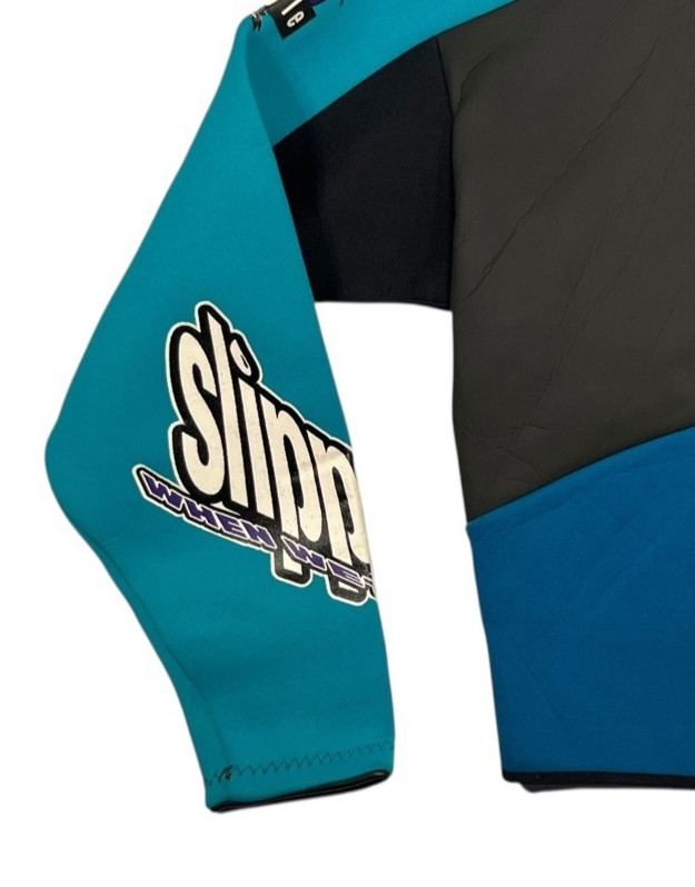 Vtg SLIPPERY WHEN WHEN Teal/Purple Neoprene FULL-ZIP WETSUIT TOP Rash Guard Adul