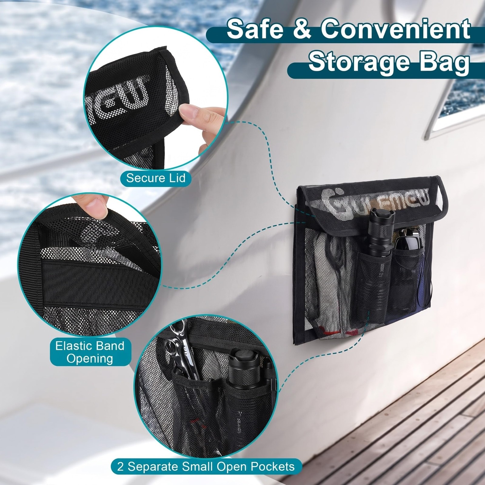 1 PCS 14″ X 9.8″ Boat Storage Bag Secure Lid 2 Pockets Mesh Organizer Adhesive