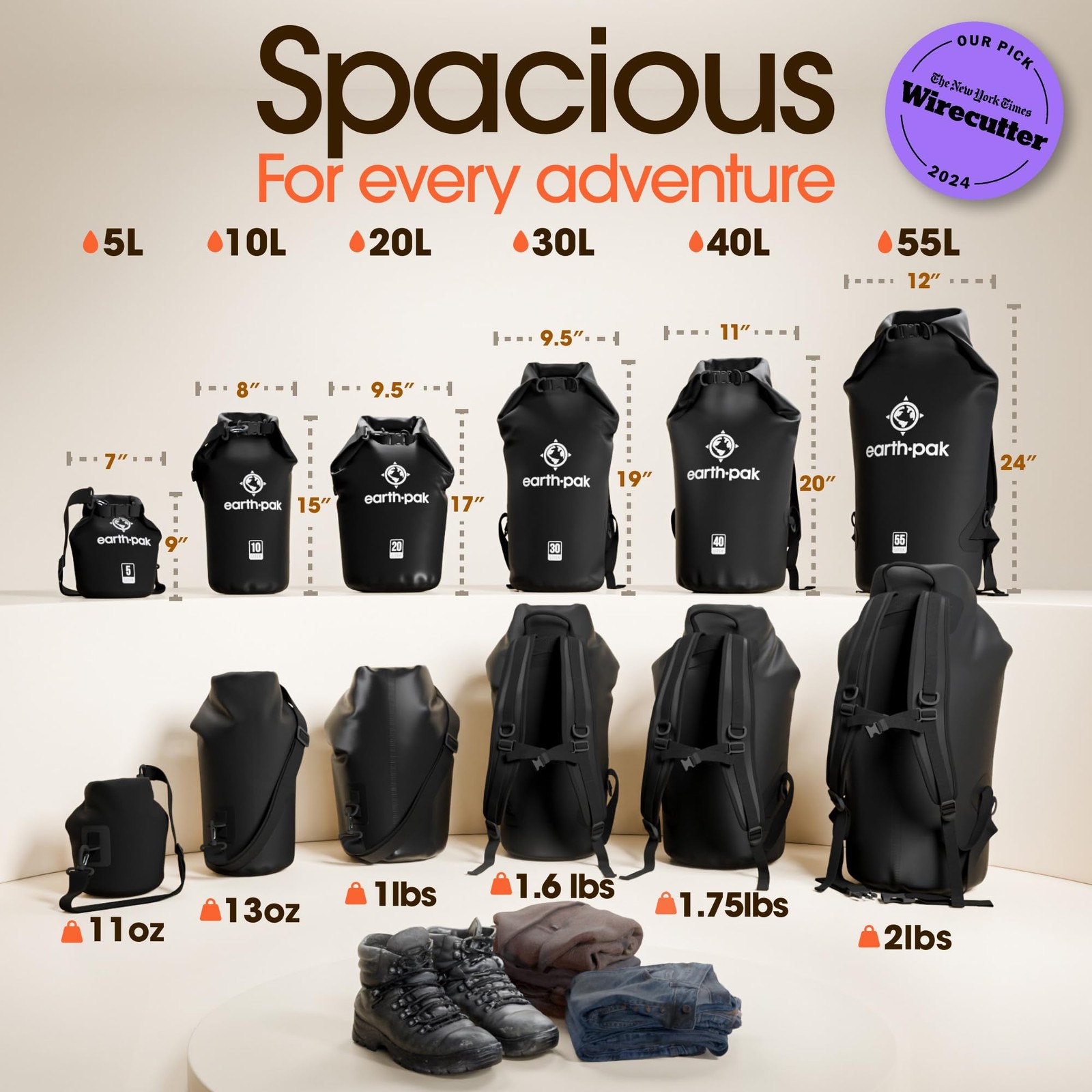 Earth Pak Waterproof Dry Bag – Roll Top Backpack Sack 55L, Black