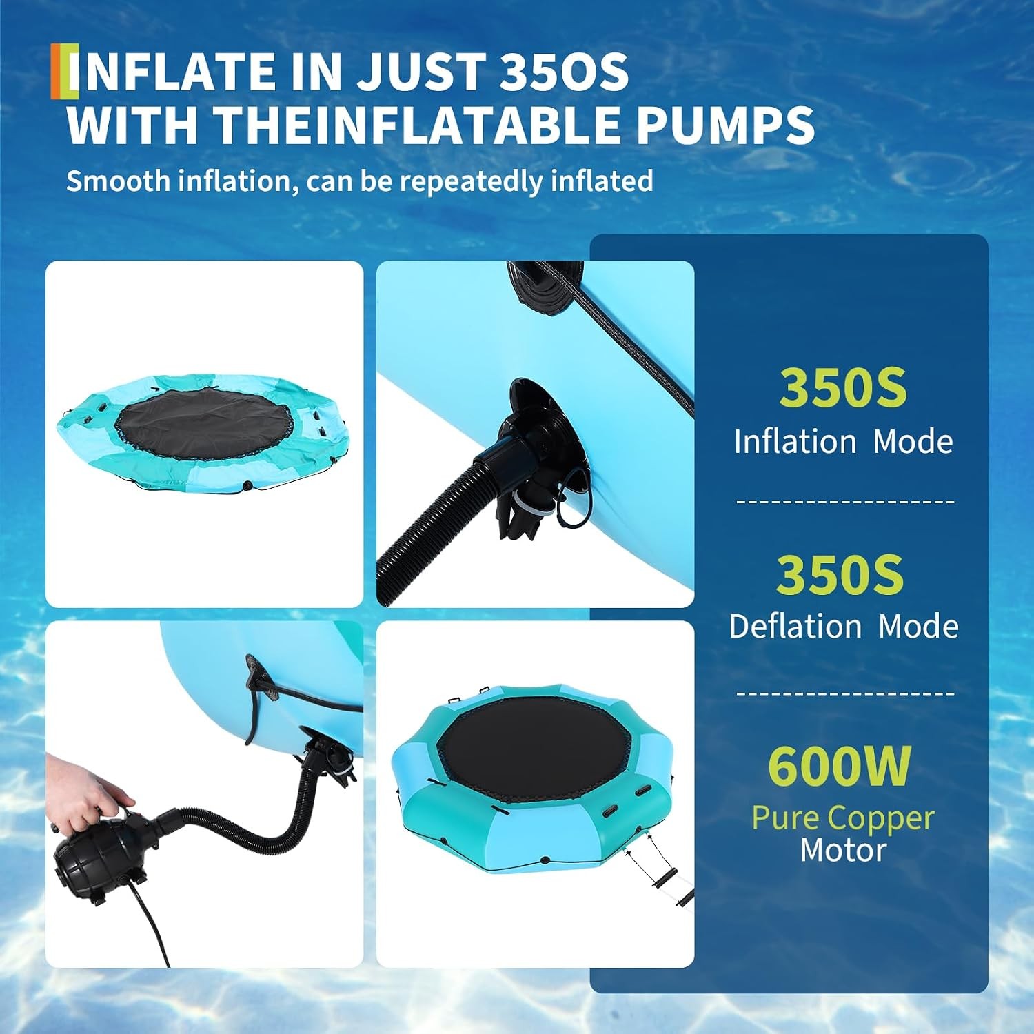 15FT Inflatable Water Trampoline Floating Water Bouncer w/Pump Ladder 408lbs
