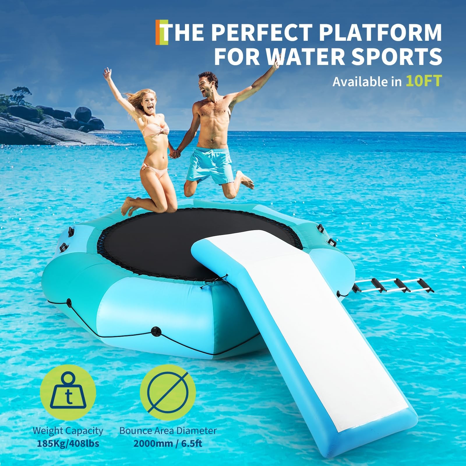 10FT Inflatable Water Trampoline with Ladder Pump Anchor Kit for Lake and Pool