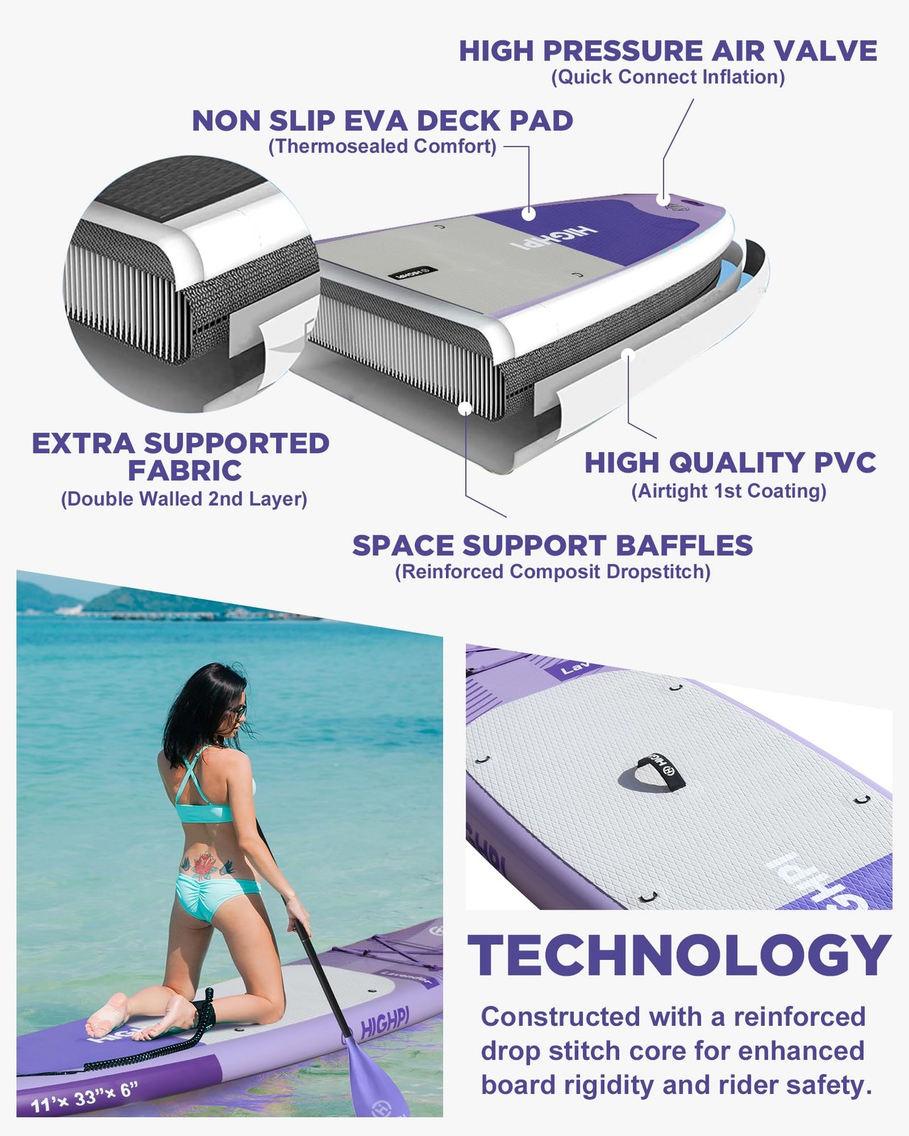 11ft Inflatable Stand Up Paddle Board for Youth and Adults – Wide Sup with Pr…