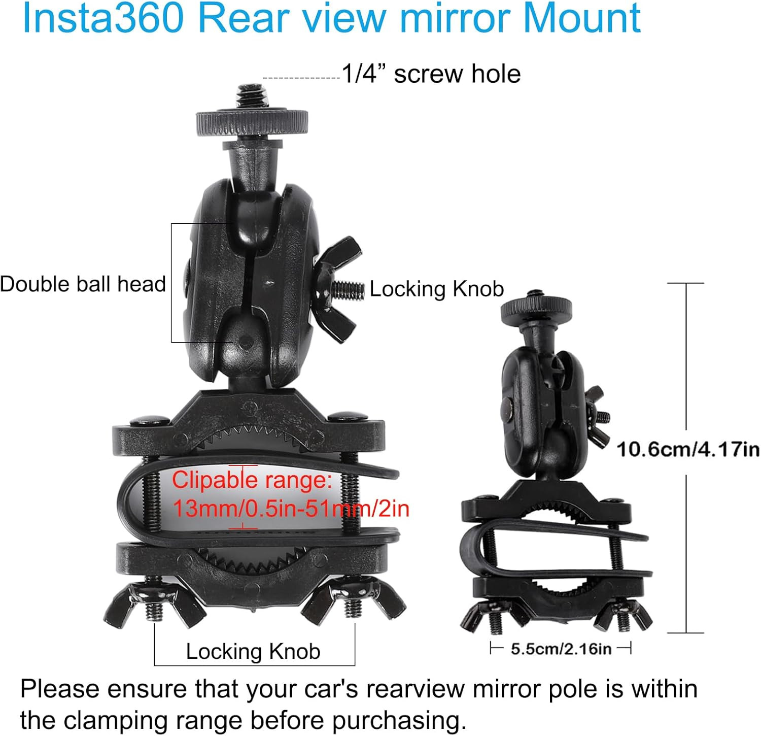 Pellking Rear View Mirror Holder Suction Cup Kit for Insta360 X5/X4/X3/X2/X,360