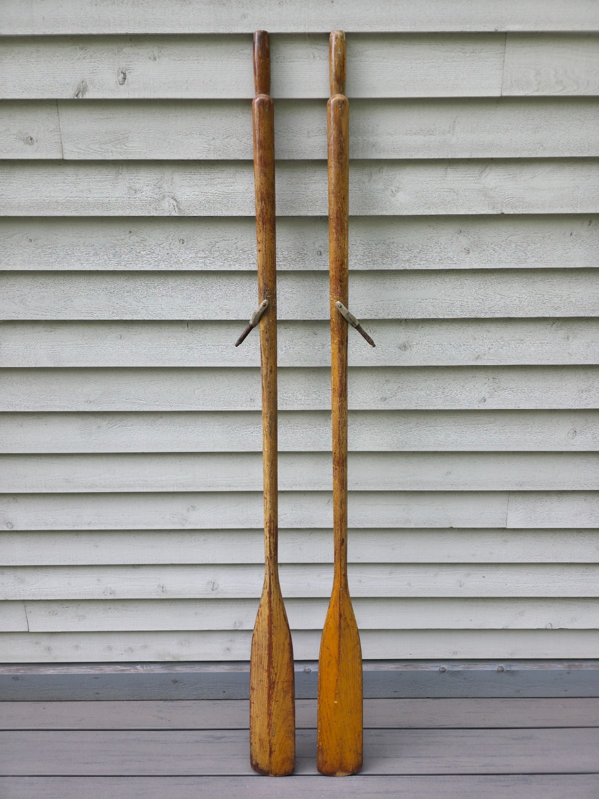 VINTAGE Old LIGHT BROWN Wooden Paddles Oars with OARLOCKS Measures 72″ 6 ft