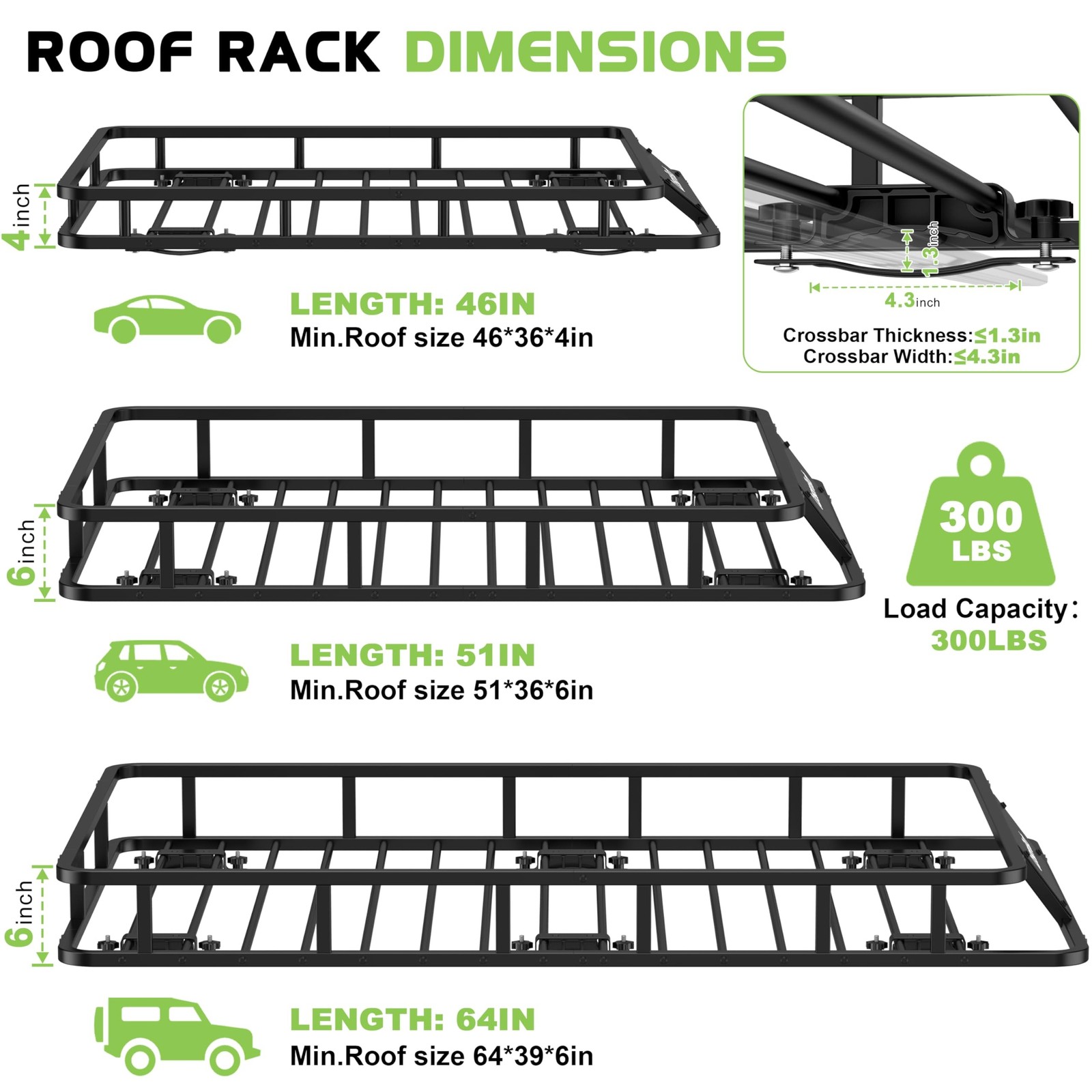 Roof Rack Basket 51″ x 36″ Heavy Duty Roof Cargo Basket 300 lbs Capacity Stee…