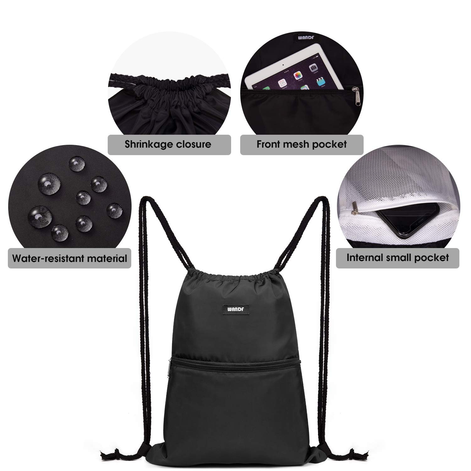 WANDF Drawstring Backpack String Bag Sackpack Cinch Water One Size, Black