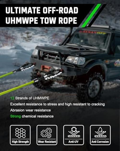 Recovery Tow Rope Kit with 2 Soft Shackles, 7/16 Inch x 30 ft 31,200 Lbs