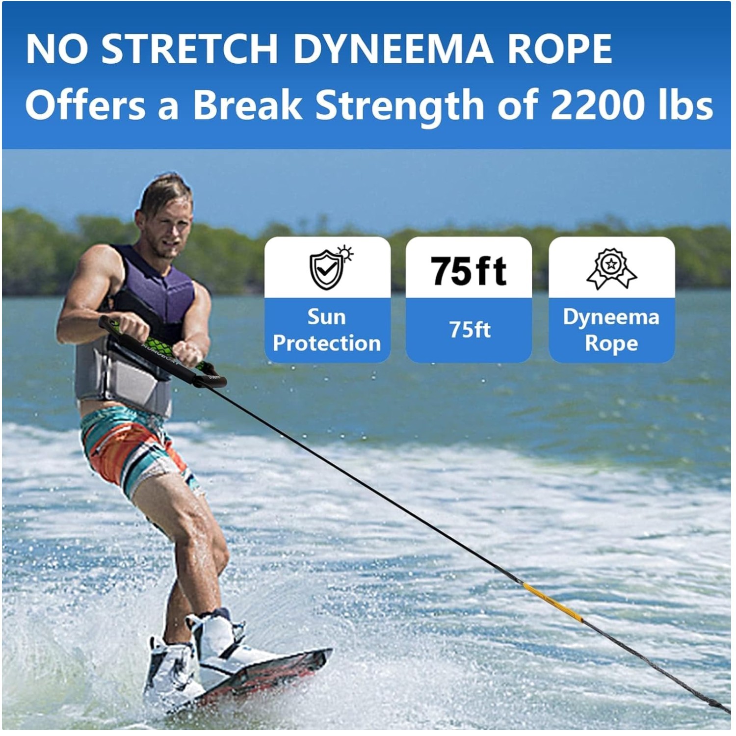 Dyneema Wakeboard Rope 75ft – No Stretch – 2200 lbs