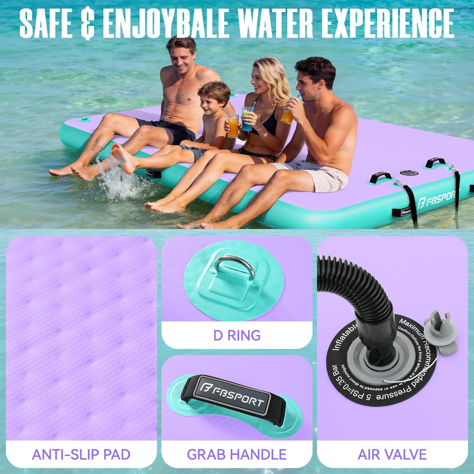FBSPORT Inflatable Floating Dock Lake Floats for 6 x 5 ft, Green/Purple