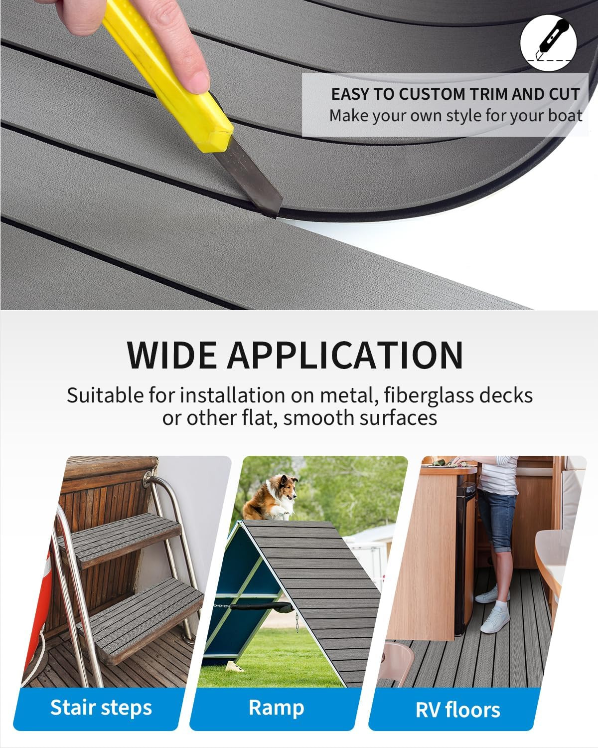 Boat Flooring EVA Foam Self-Adhesive 96”X45.6”/36”/28.8”/16.8”