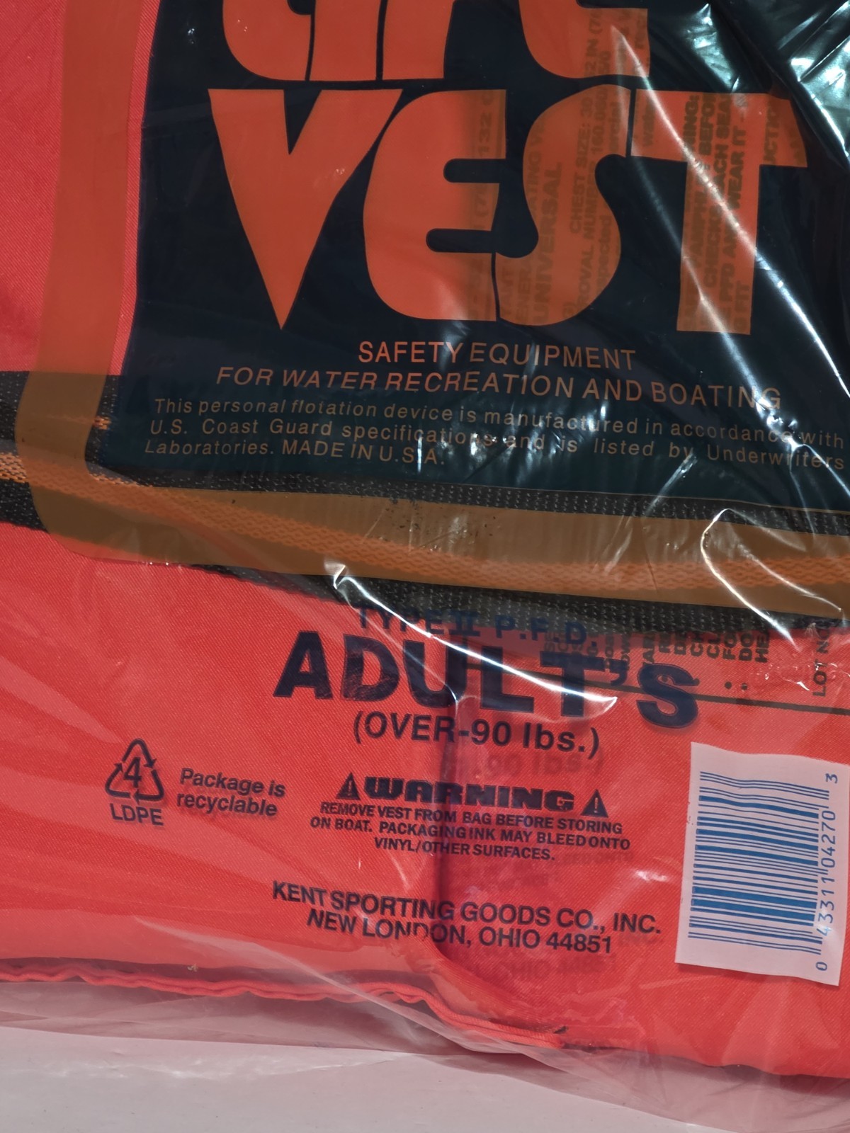 Kent BUPANT LIFE VEST Adults Type ll PFD Over 90 lbs U.S. Coast Guard AppovedL 2