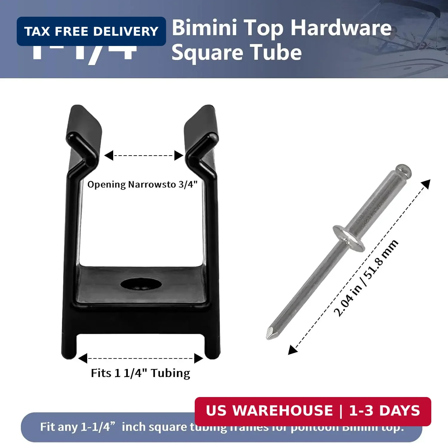Bimini Top Pole Clips for 1-1/4 Inch Pontoon Support – 2 Pack Black
