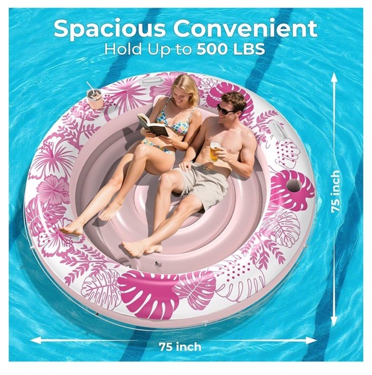 Luxury Tanning Pool (PINK) Inflatable Float w/ Pillow 75×75 in Age 3+ 500Lb