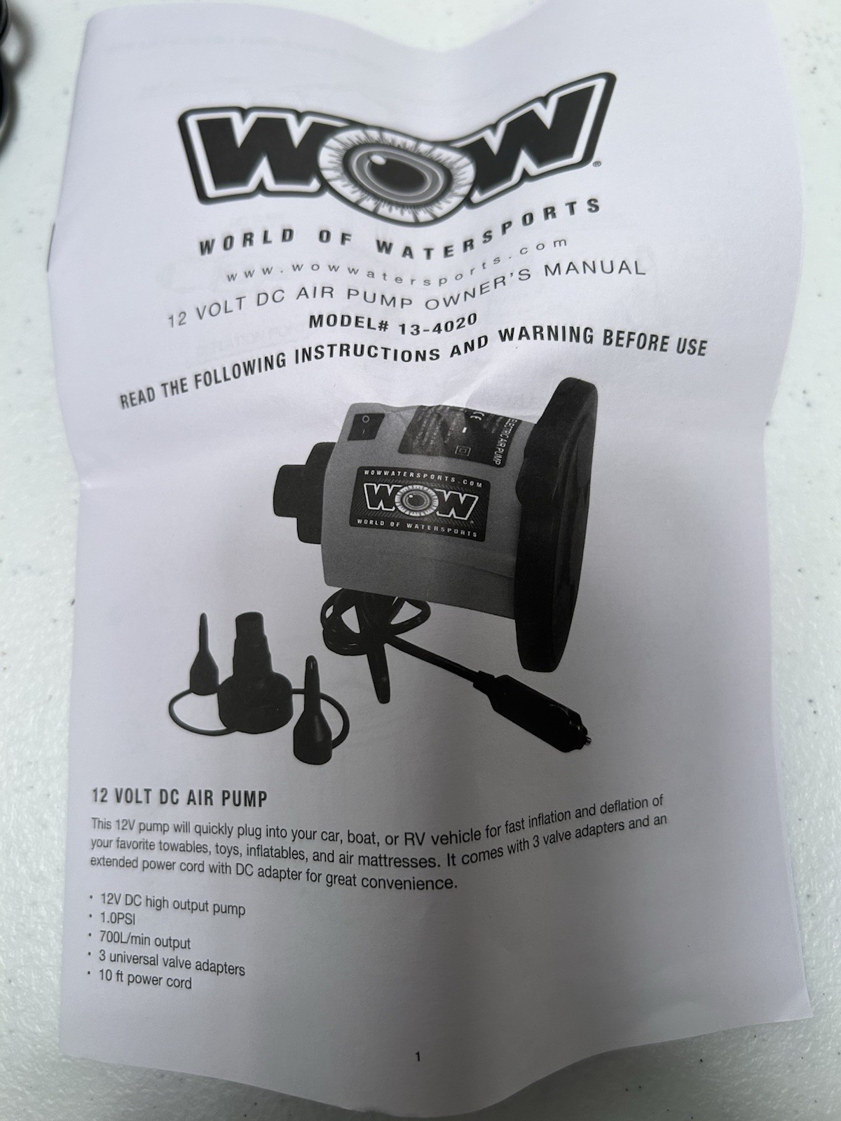 Wow 12V DC Air Pump 1.0 PSI Air Inflator For Inflatables and Towables 10 Ft Cord