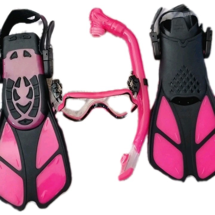 Pink Snorkel Set Fins Mask Foldable Dry Snorkel Food Grade Silicone (kids)