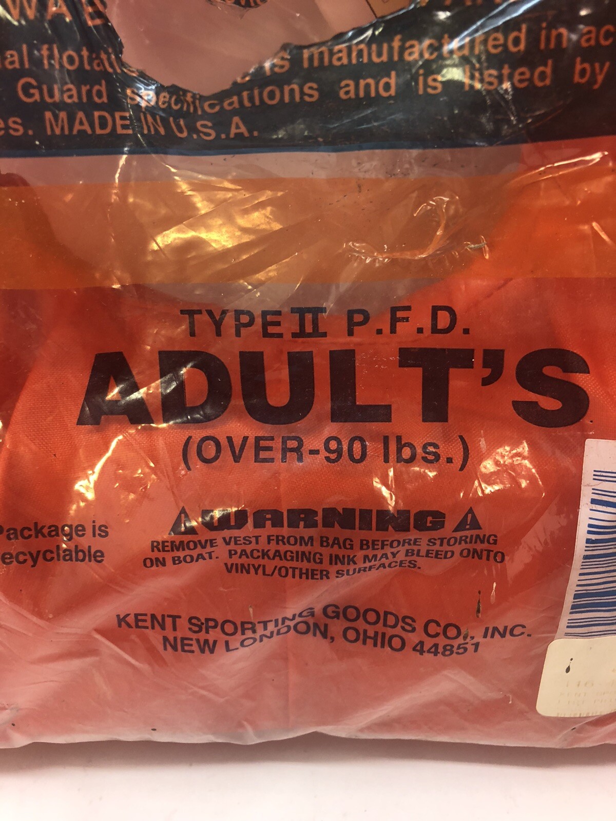KENT BUOYANT LIFE VEST TYPE II P.F.D ADULT U.S COAST GUARD APPROVED Over 90 LBS