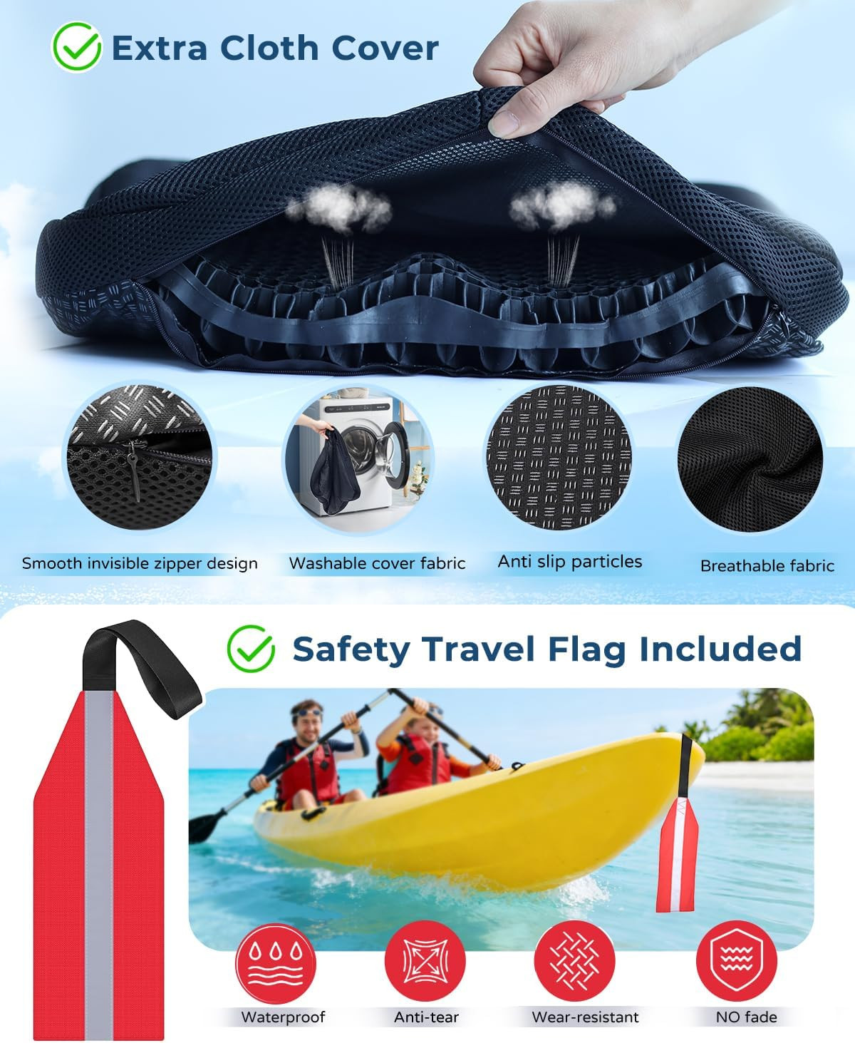 Premium Gel Kayak Seat Cushion, Thickened Non-Slip Waterproof Seat Pad, Breathab