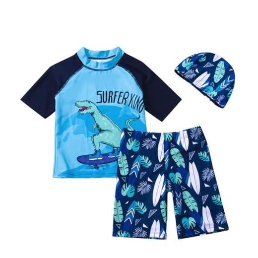Toddler Swimsuit Boy 3 Piece Boys Swim Set Short Sleeve Boys Swim 3-4T Dinosaur