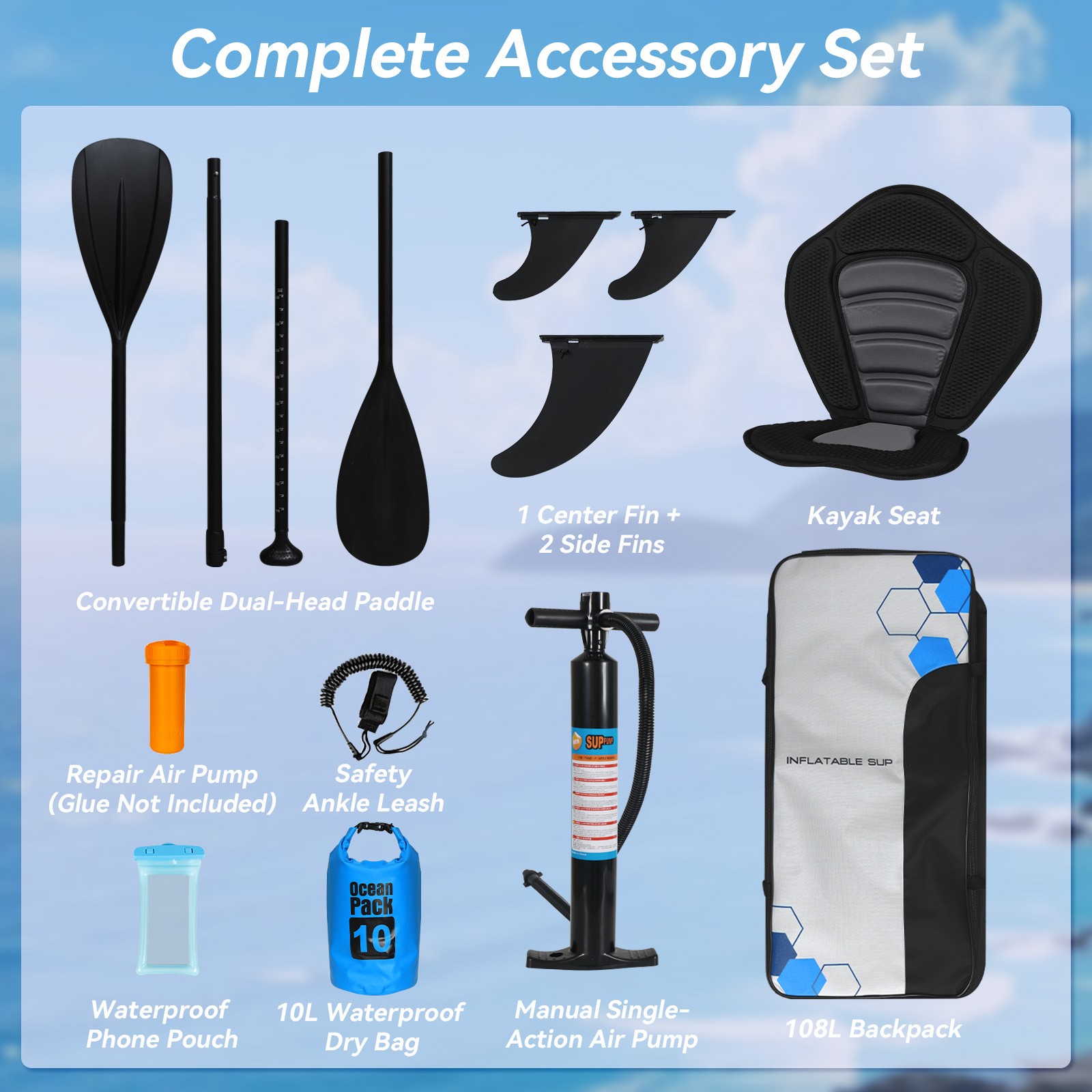11FT Inflatable SUP Board 33″ Wide 330LBS Kayak Seat 3-Fin Set