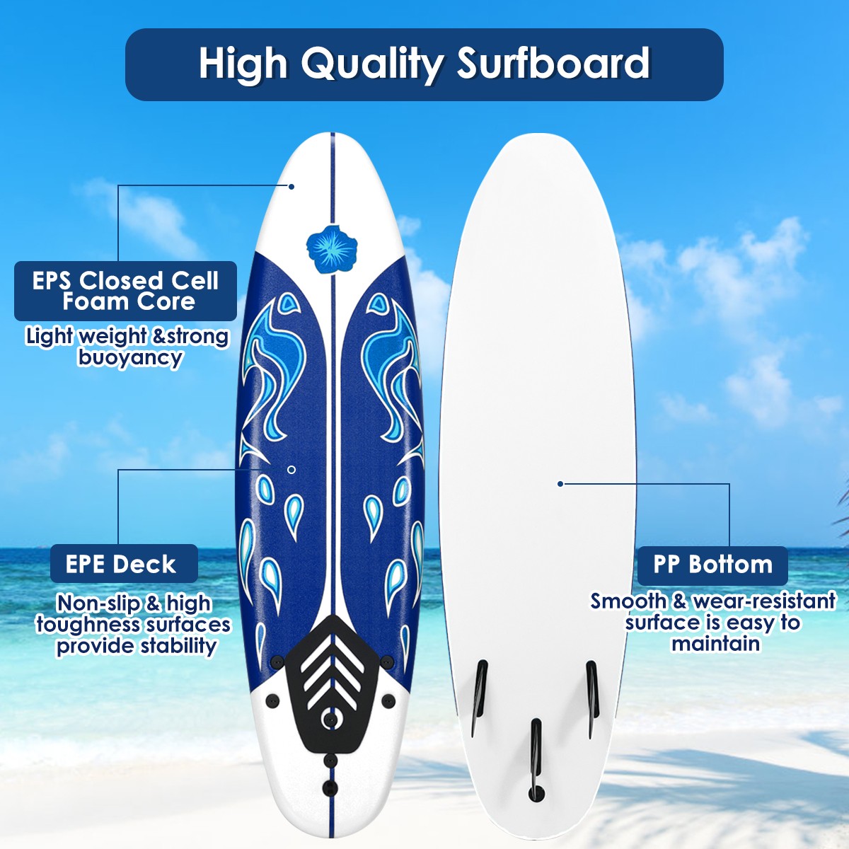 6ft Surfboard Stand Up Surfing Paddle Board SUP Ocean Beach Kid Adult White