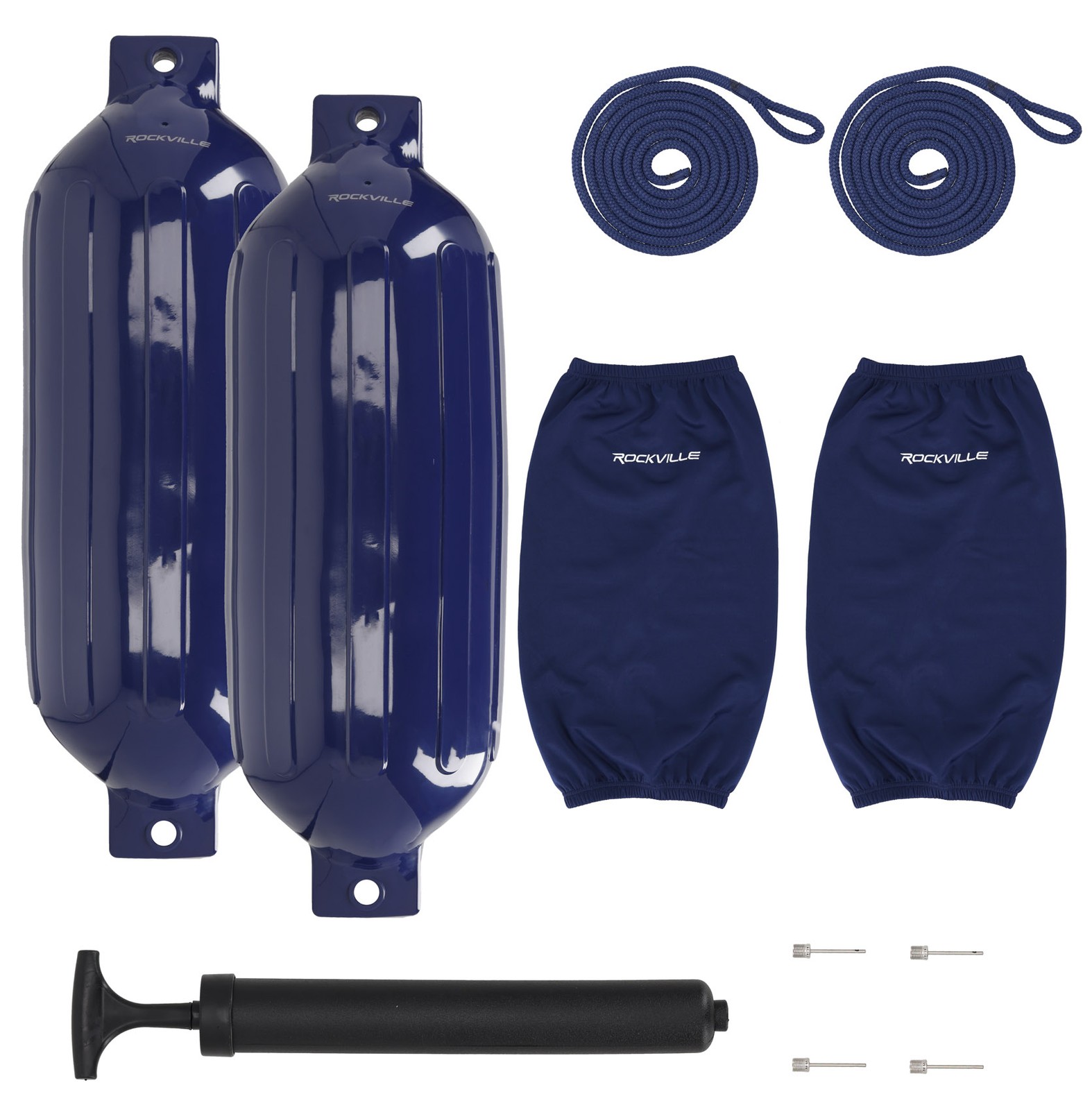 Rockville FEN210-NAVY BLUE Boat Fender Package 2Bumpers 10″x30″,2 Covers,2 Lines