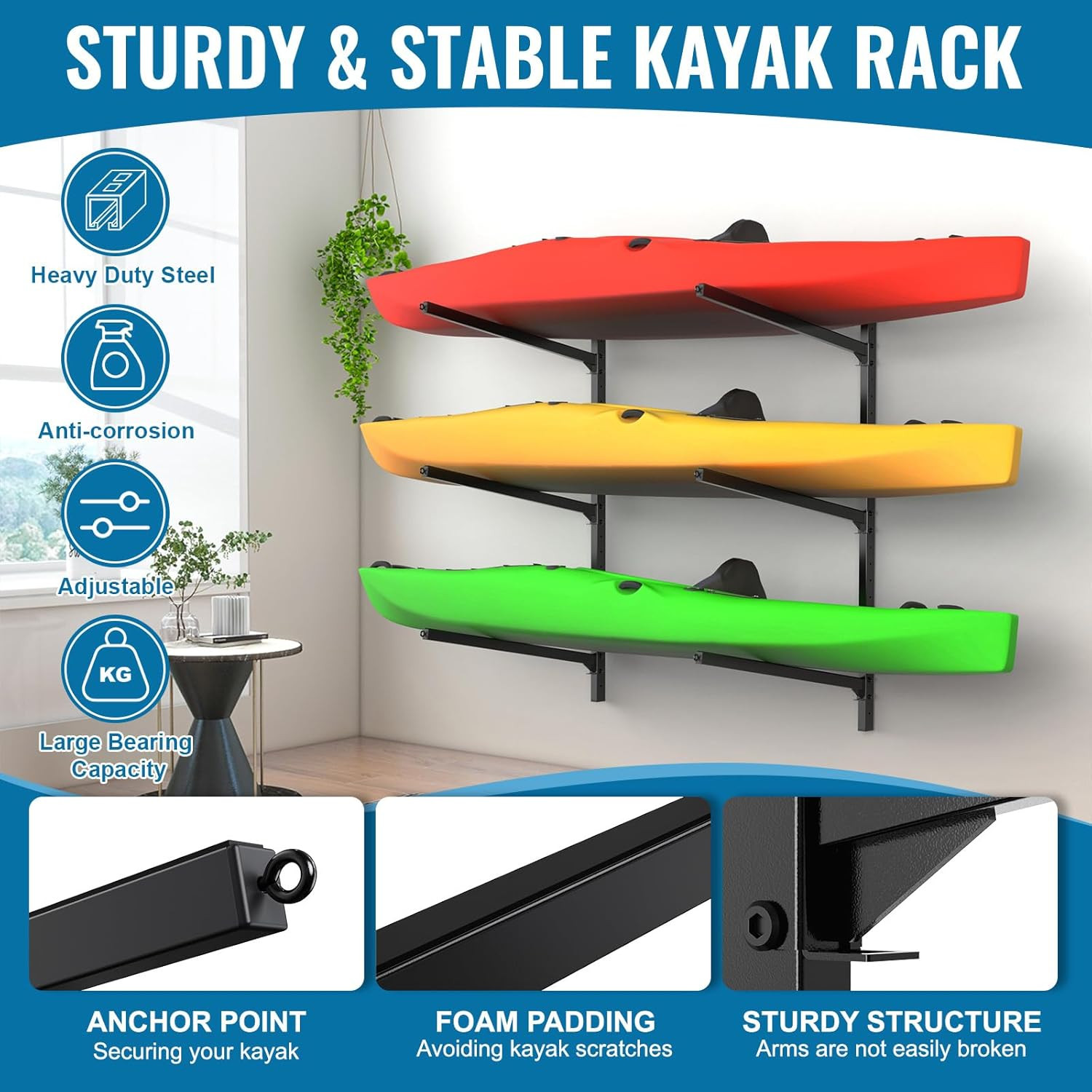 Adjustable 3-Tier Kayak Wall Mount Rack – Holds 300 lbs for Indoor/Outdoor Use