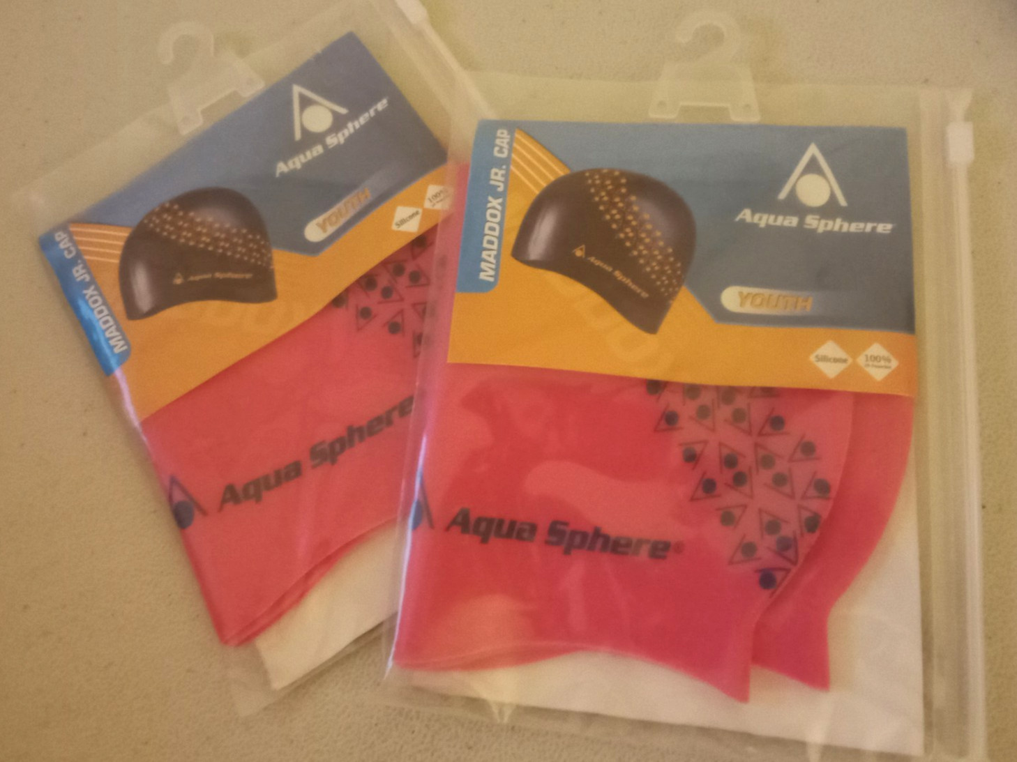 2x AQUA SPHERE Maddox JR. Youth Swim Caps 100% UV Protection Silicone Pink NWT