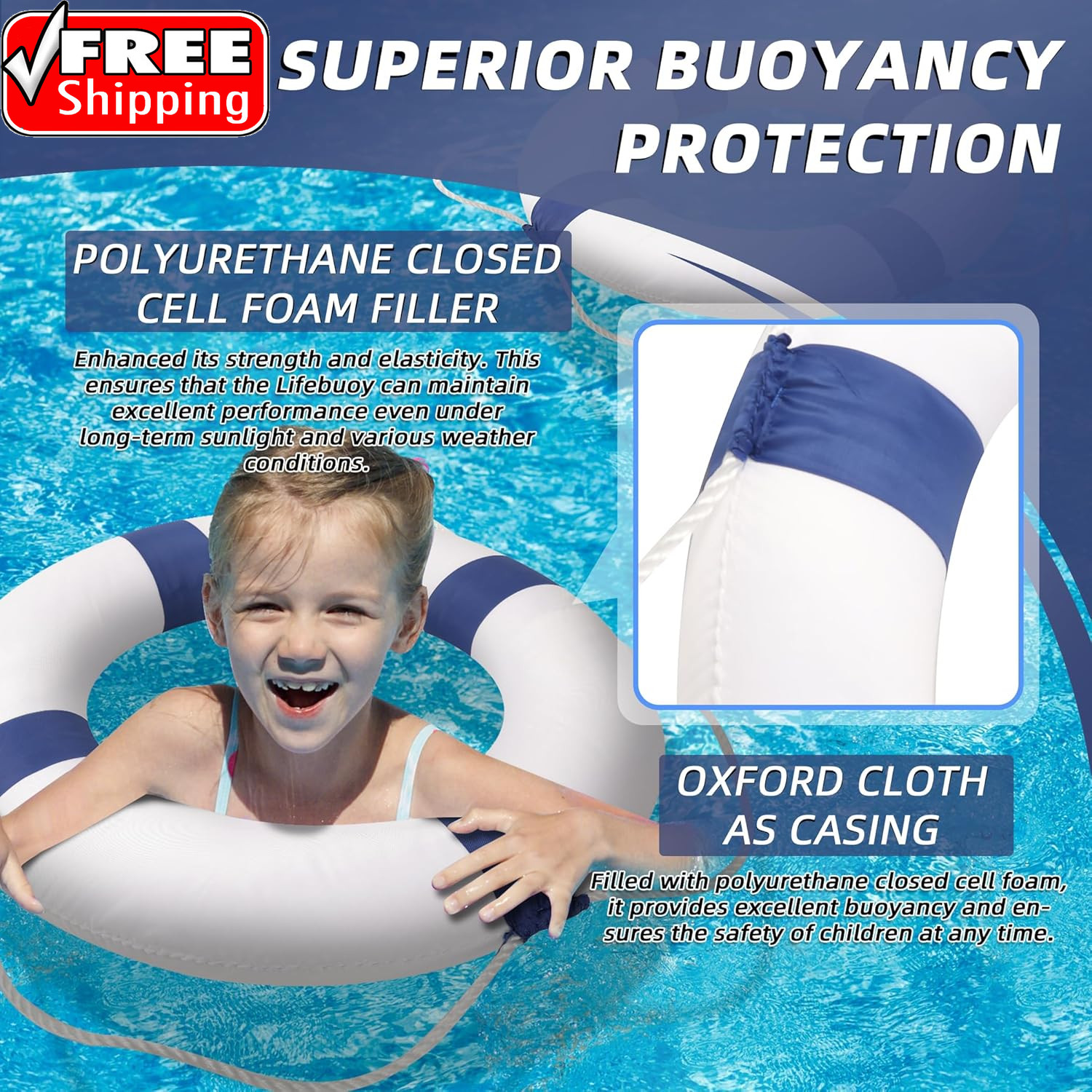 20″ Foam Life Preserver Ring with 98.4Ft Floating Lifesaving Rope, Throwable Flo