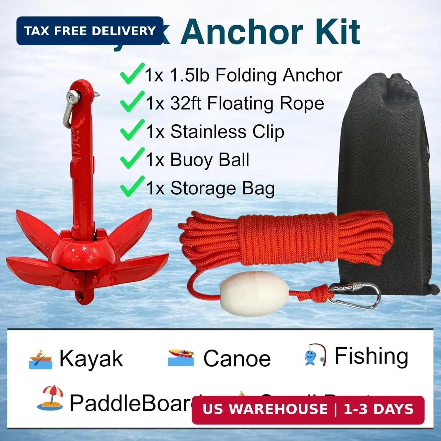 Kayak Anchor Kit 1.5/3.5lb Folding Small Boat Anchor for Paddle Board Canoe Jet