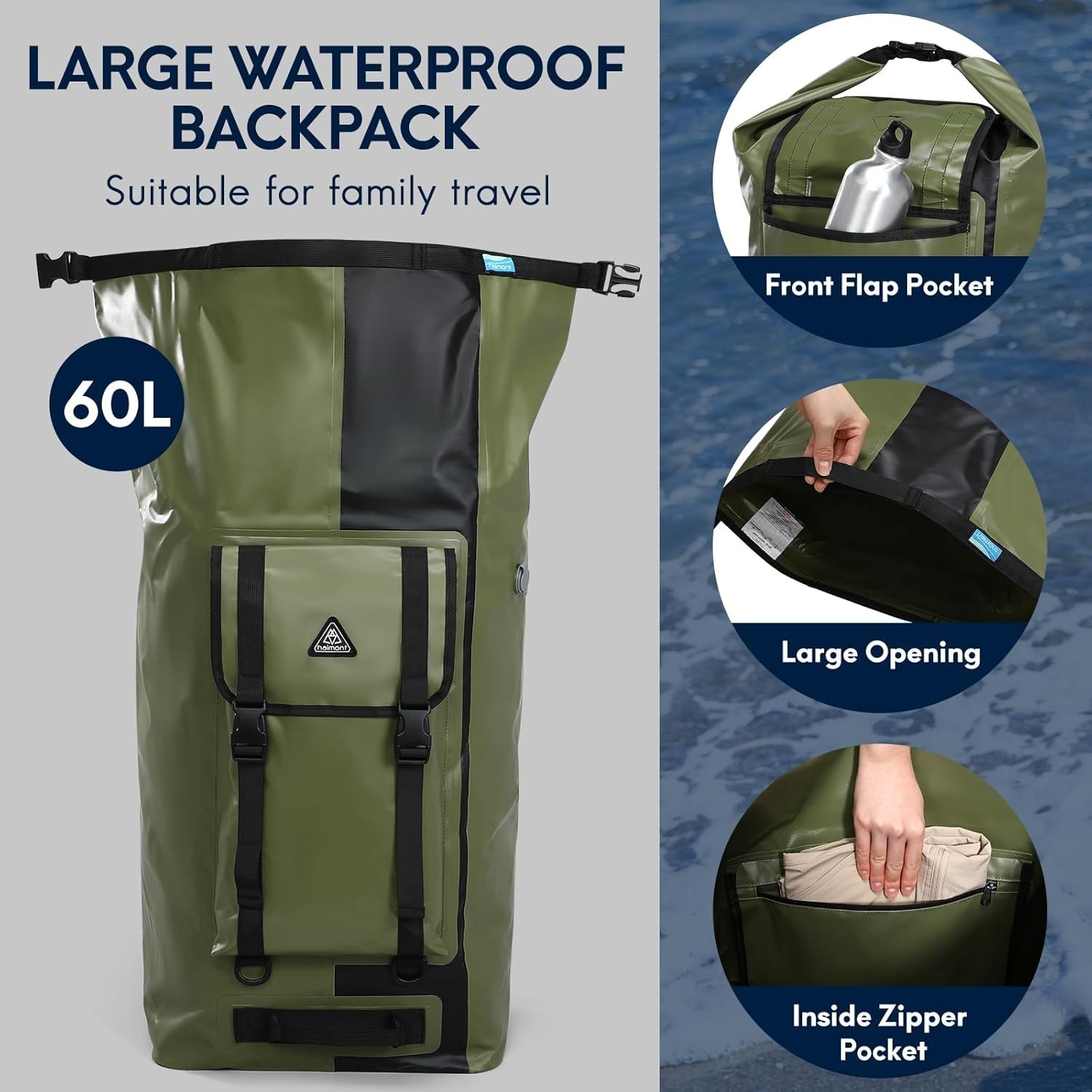 100L Waterproof Dry Backpack for Kayaking & Rafting – Army Green/Black