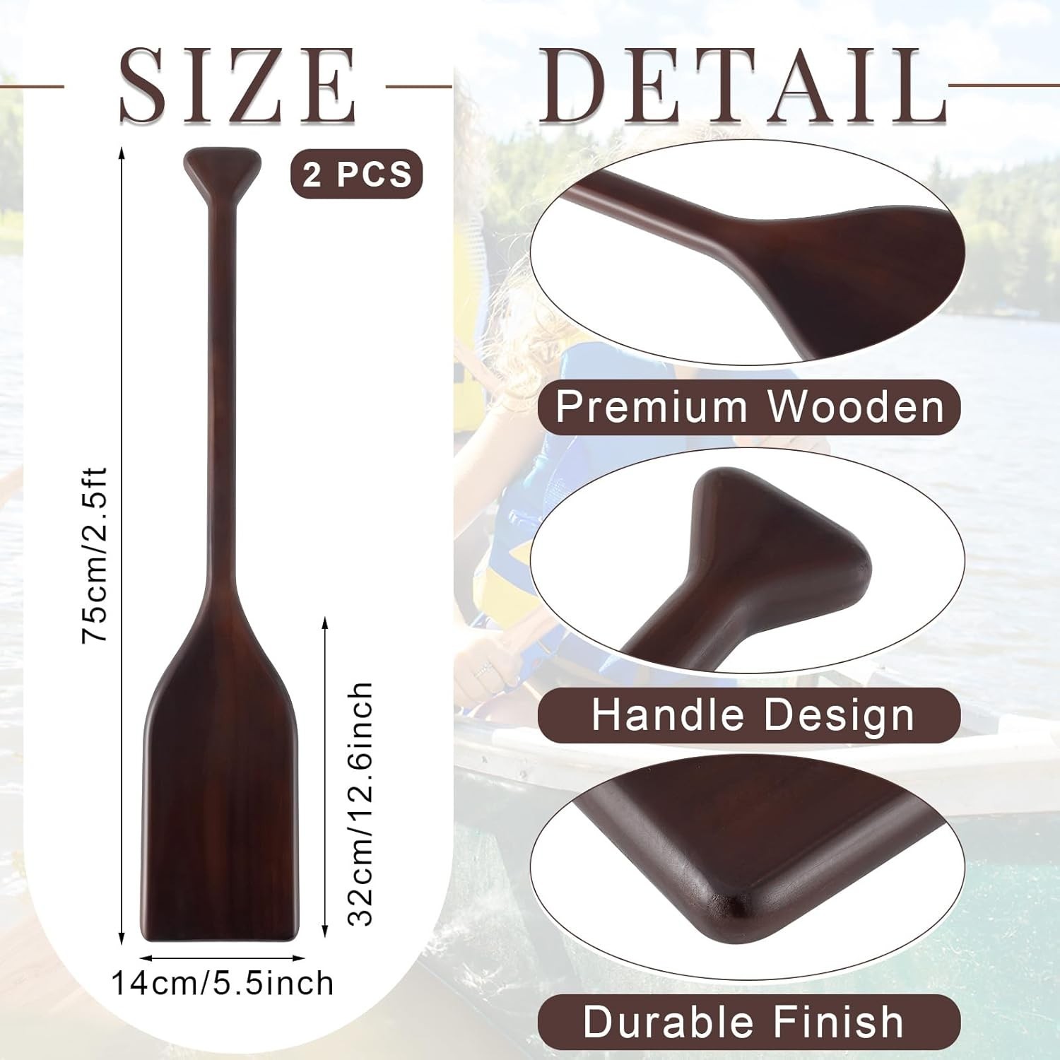 2 Pcs 2.5-4ft Wooden Canoe Oar Paddle, 30-48” Solid Pine Paddle Canoe, for K…