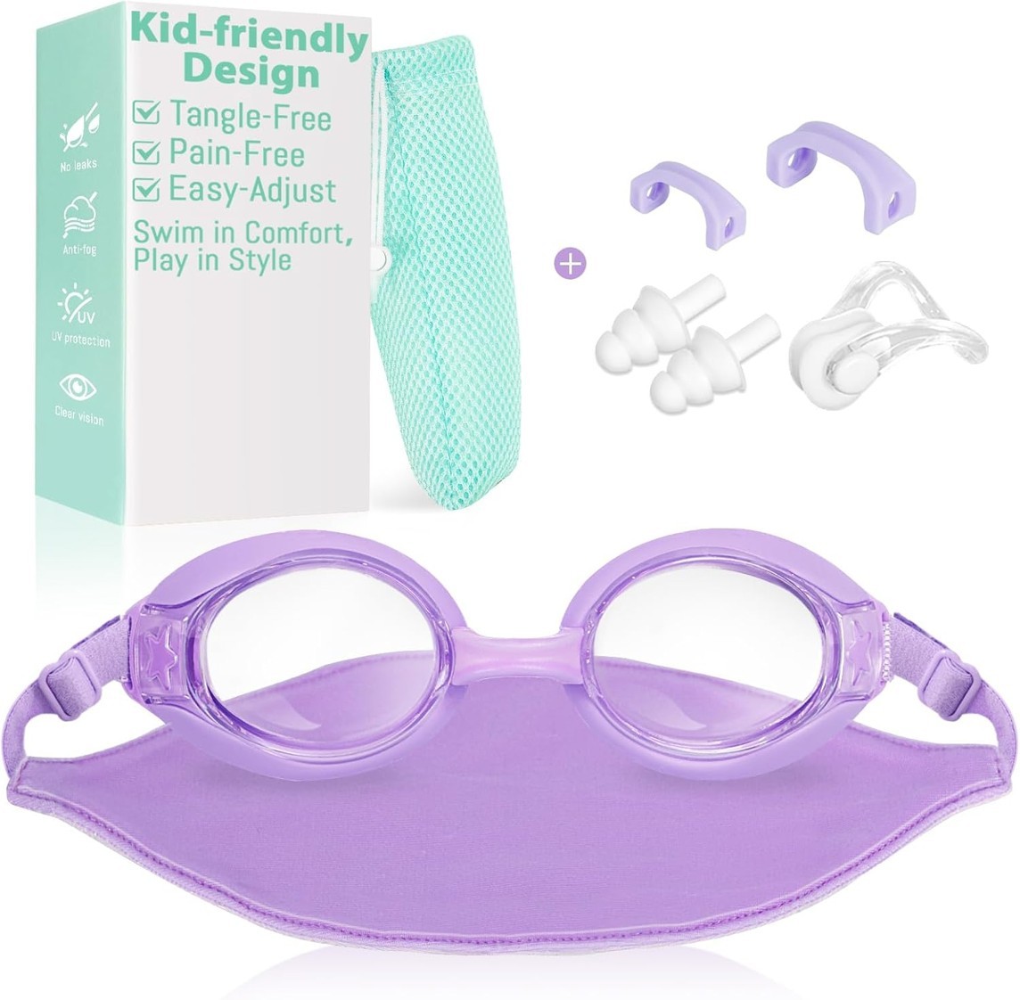 Kids Swim Goggles, Fabric Strap, Anti-Fog, UV Protection, Soft Silicone Seal