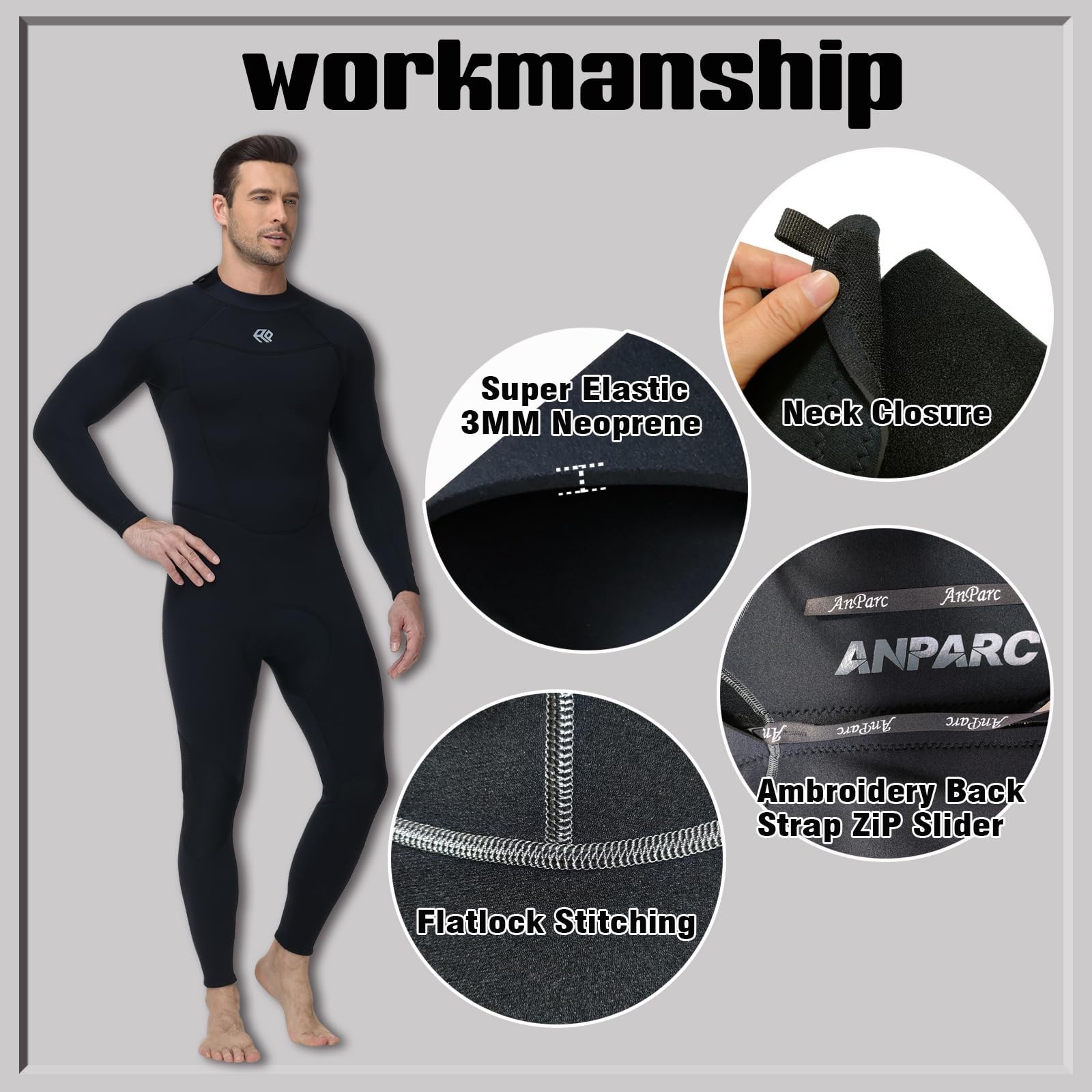 Anparc Mens 3Mm Neoprene Full Wetsuit Black Water Repellent Mesh Skin Front