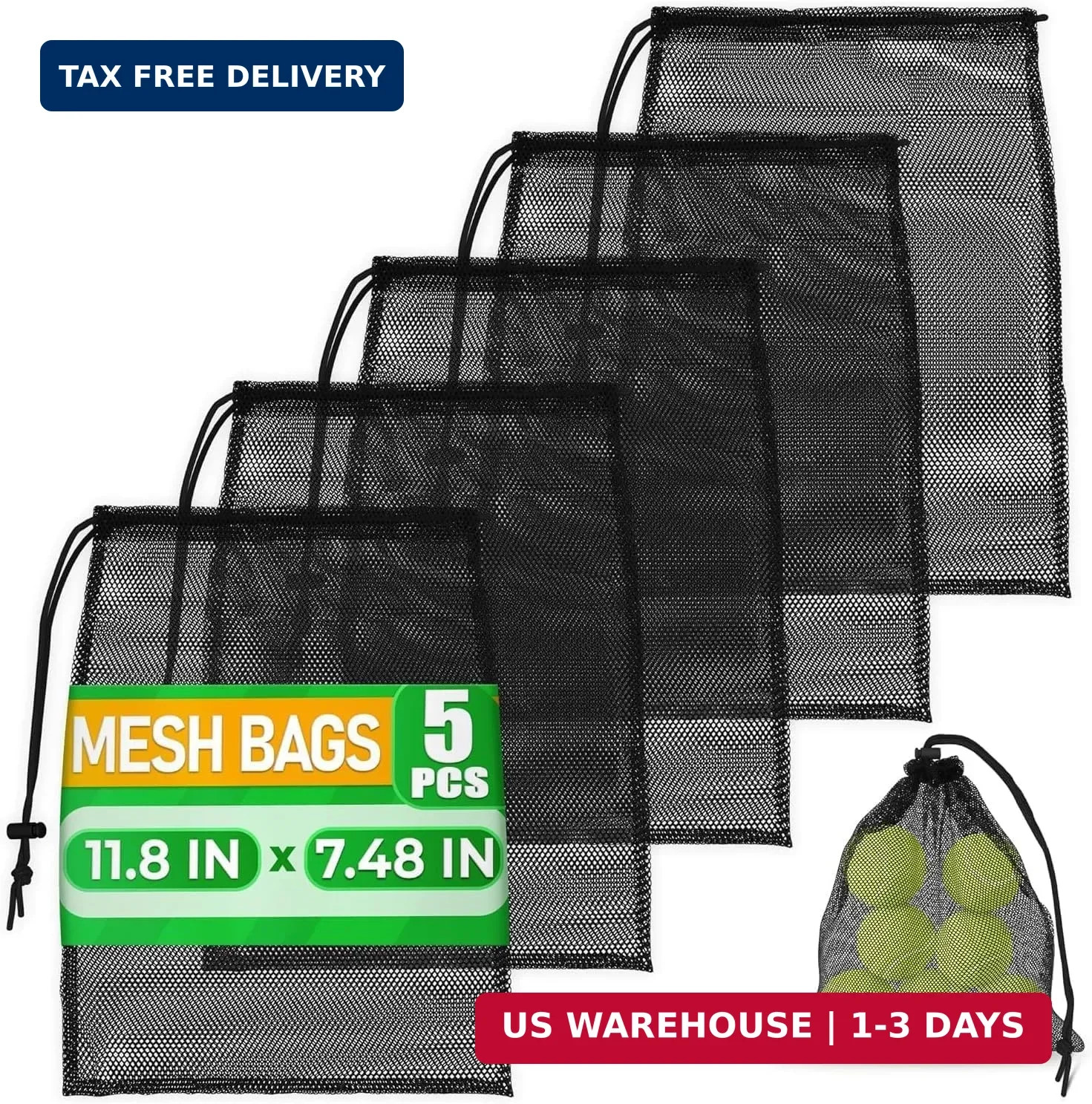 5Pcs Small Mesh Bags Drawstring Black Nylon – 11.8×7.48″ Secure Cinch-Top, Mesh