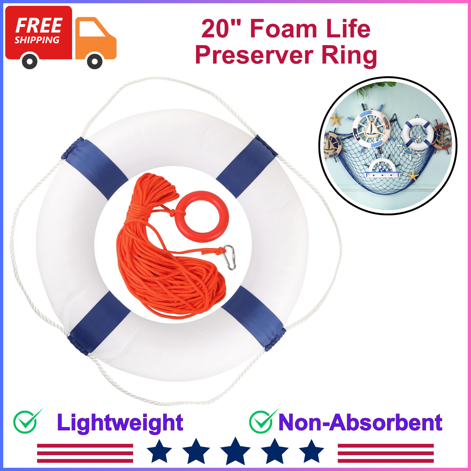 20″ Foam Life Preserver Ring W/ 98.4ft Float Lifesaving Rope Throwable Flotation