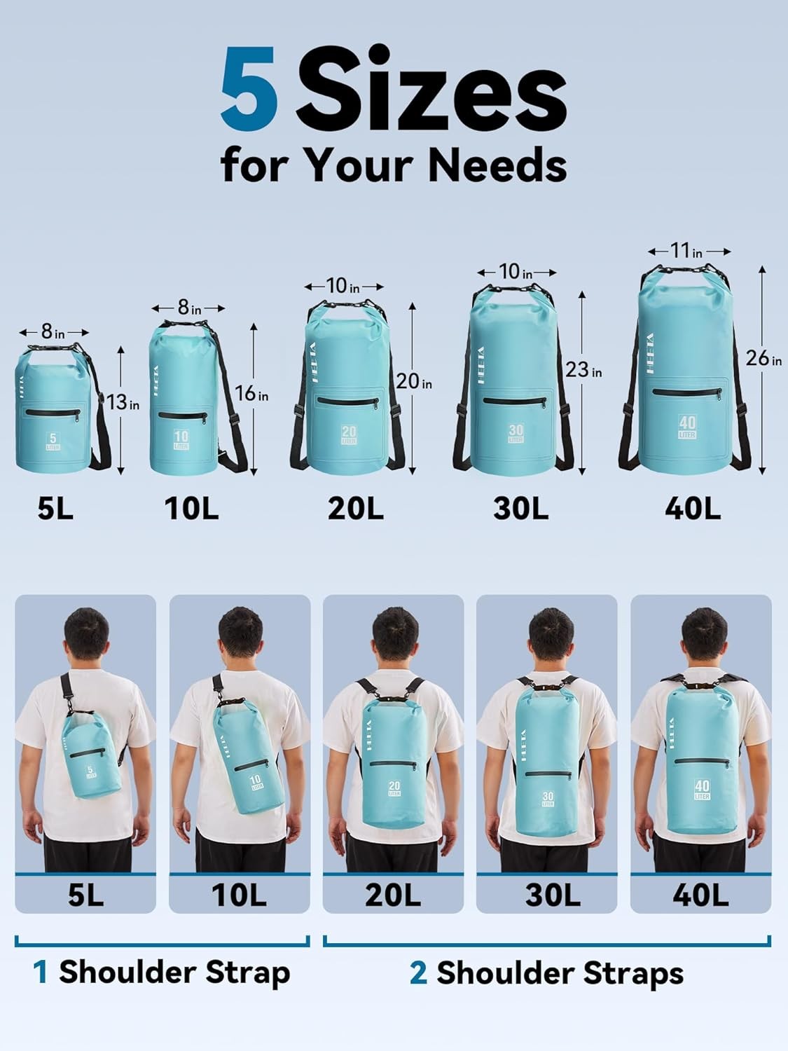 Waterproof Dry Bag Backpack 5L/10L/20L/30L/40L w/Front Zipper Pocket f/ Kayaking