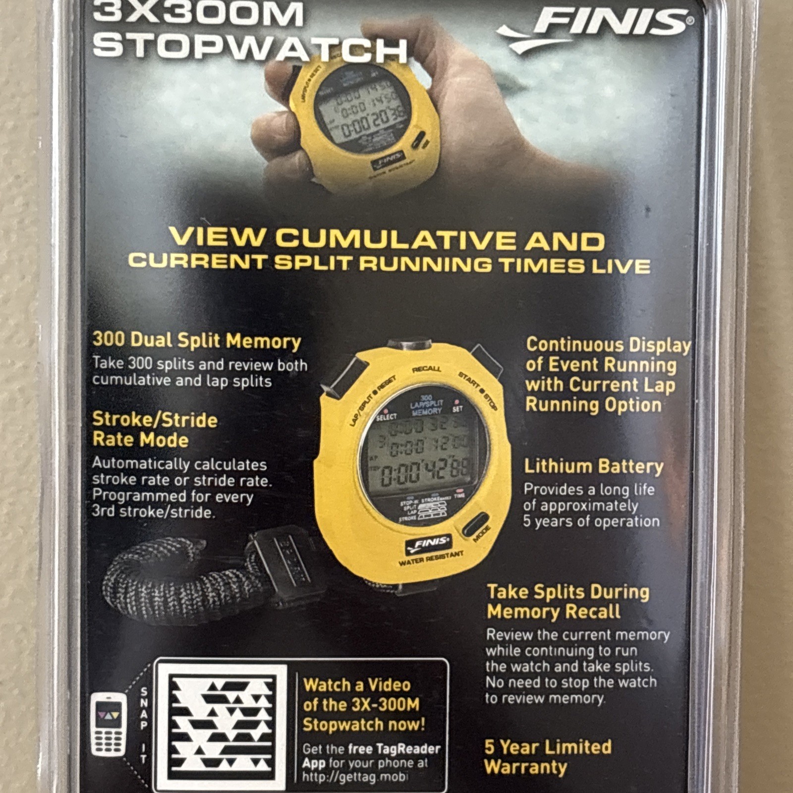 FINIS 3 x 300 Memory Stopwatch Timer Swimming Running Water Resistant NEW