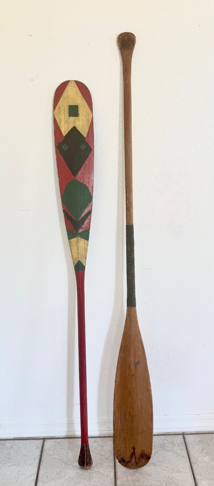Vintage Hand-Painted Wooden Canoe Paddle Set Rustic Folk Art